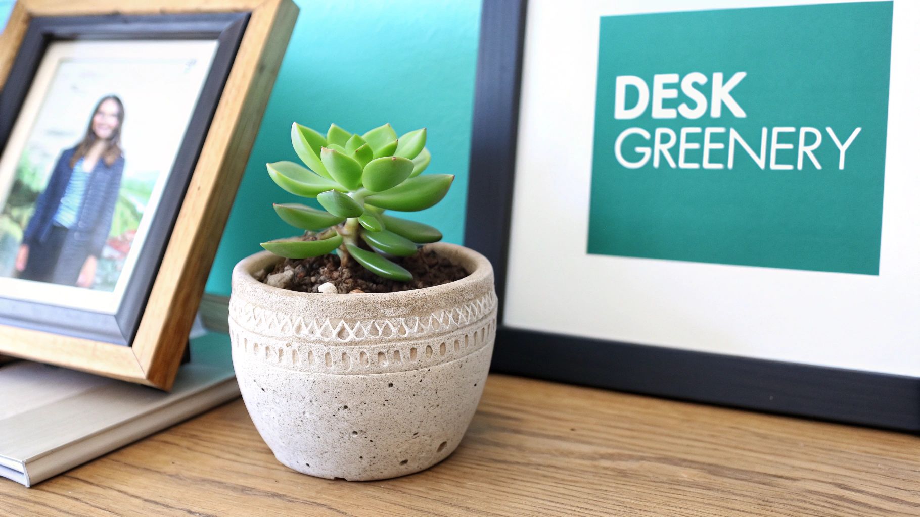 A vibrant green succulent plant in a decorative pot on a wooden desk with framed art and a photo.