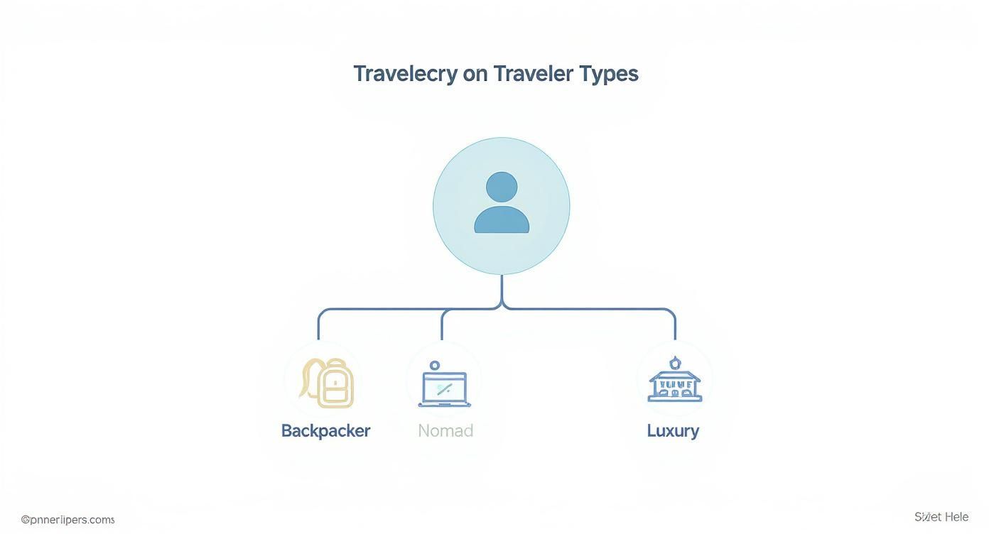 Diagram illustrating different traveler types: backpacker, nomad, and luxury traveler, for travel insights.