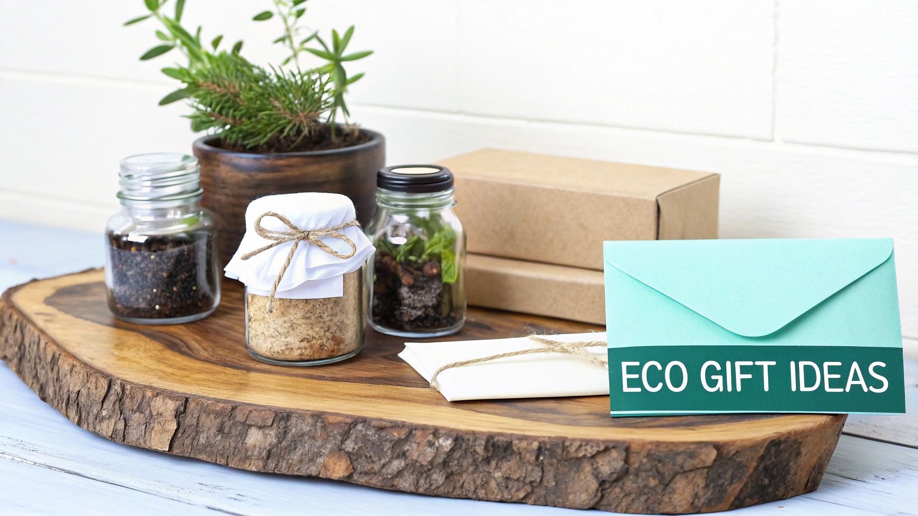 Rustic wooden tray displaying eco-friendly gift ideas, including potted plants and handmade jars.