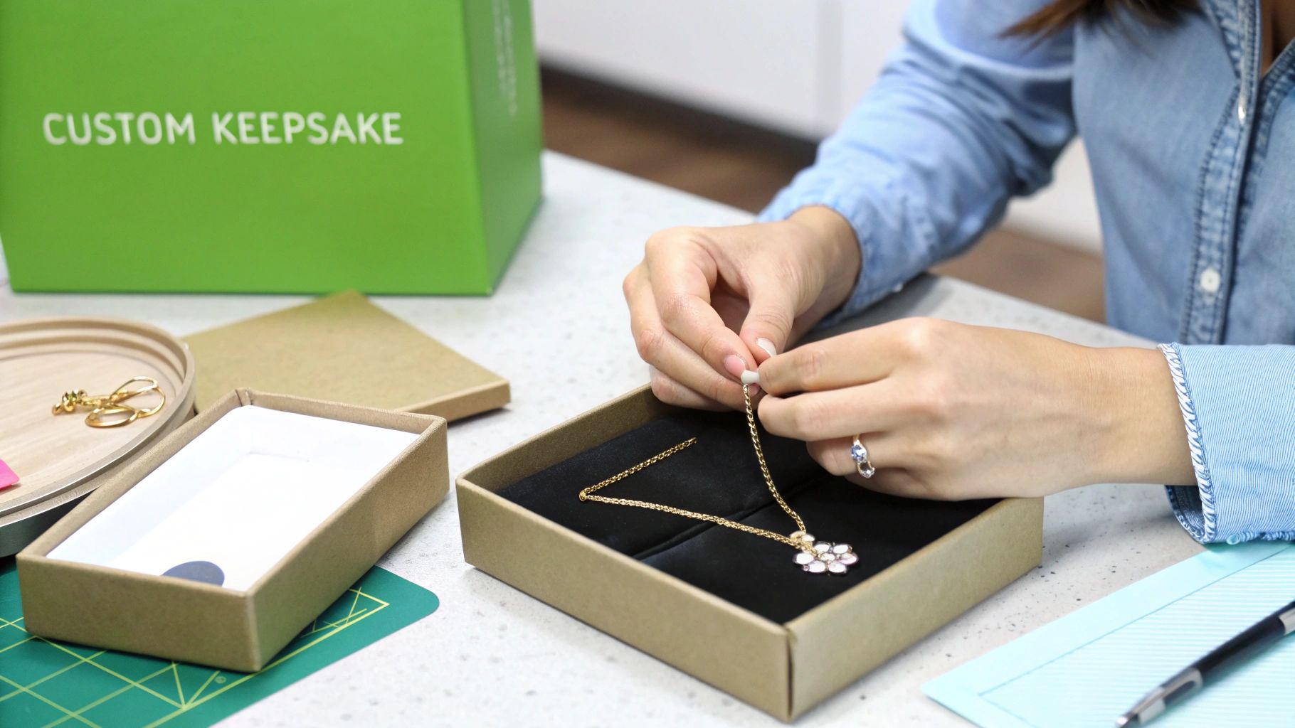 A person wrapping a gift with brown paper, twine, and a sprig of greenery