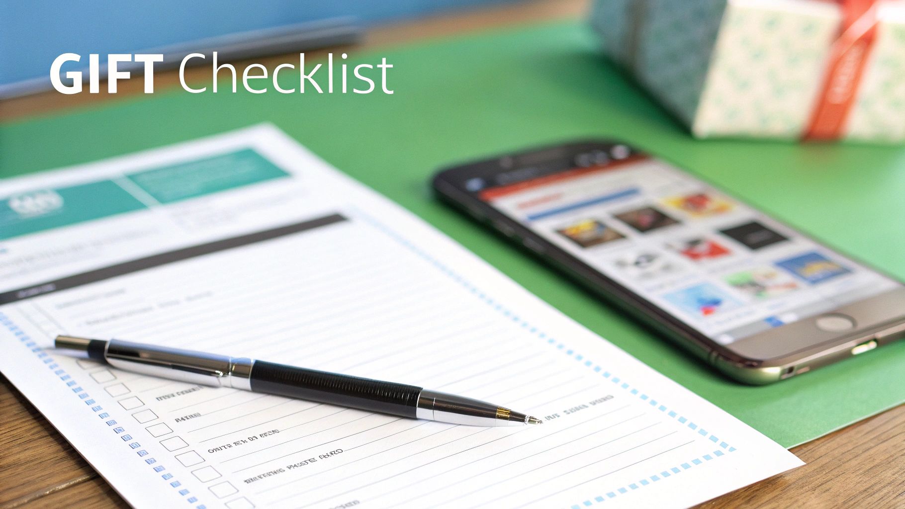 A close-up of a 'GIFT Checklist' document with a pen, a smartphone, and blurred gift boxes.