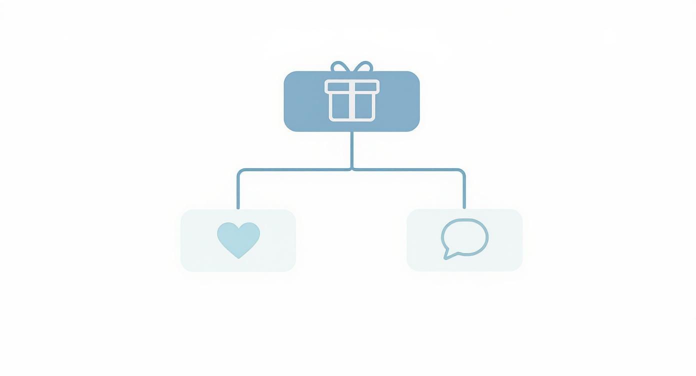 Gift box icon connected to heart and chat bubble symbols in organizational flowchart diagram