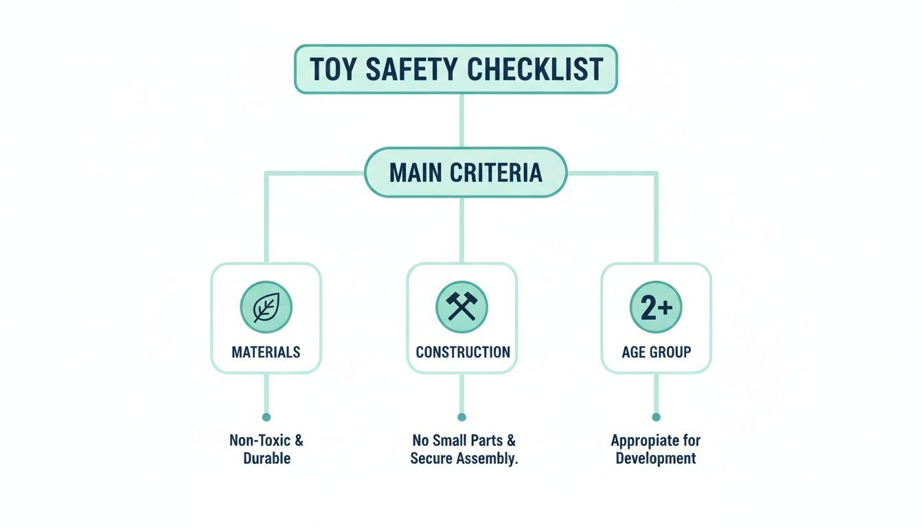 A toy safety checklist flowchart showing main criteria: materials, construction, and age group with details.