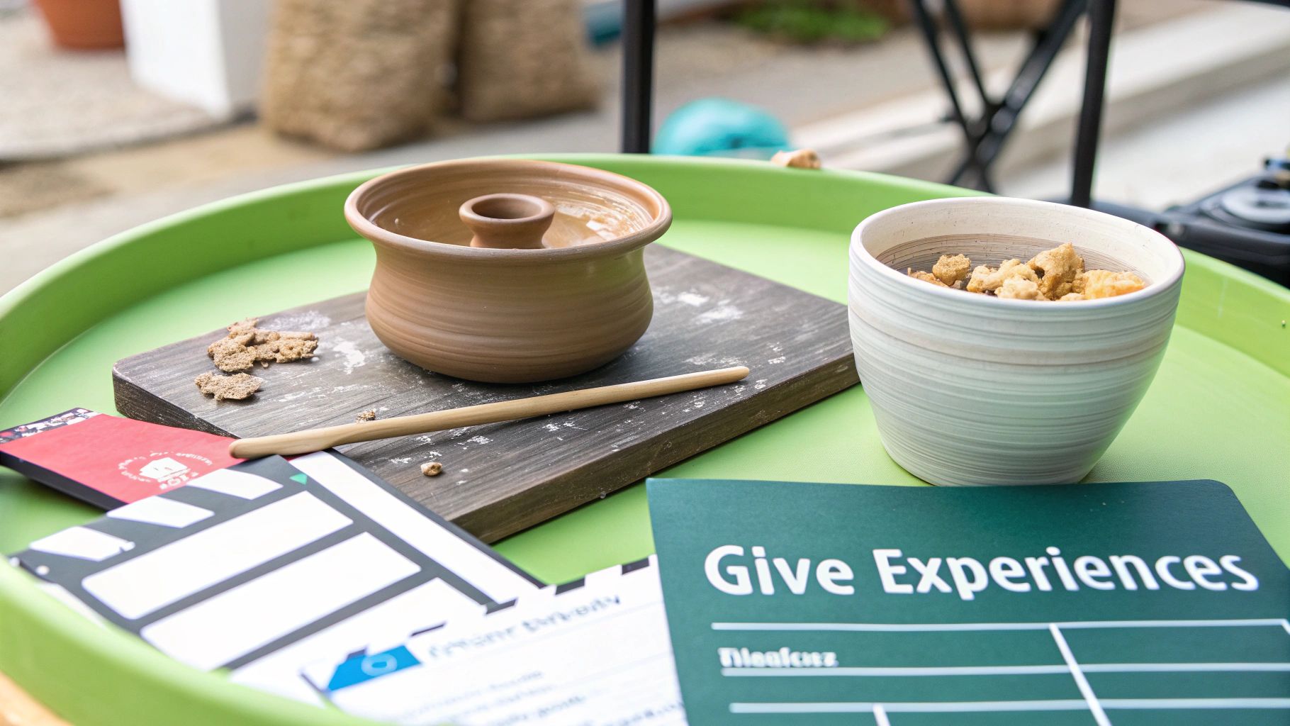 A craft setup with a pottery piece, snacks, and a 'Give Experiences' card on a green tray.