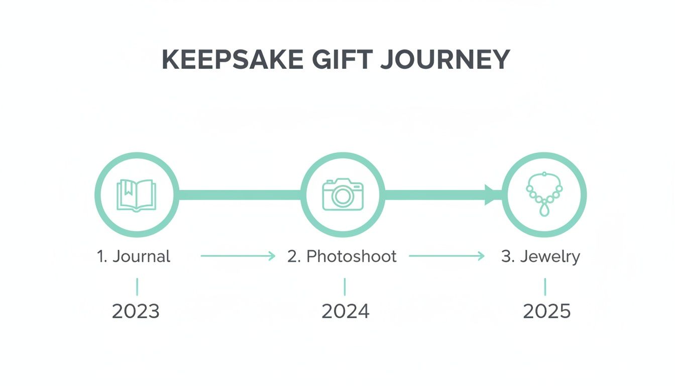 A keepsake gift journey timeline: Journal (2023), Photoshoot (2024), and Jewelry (2025) with icons.