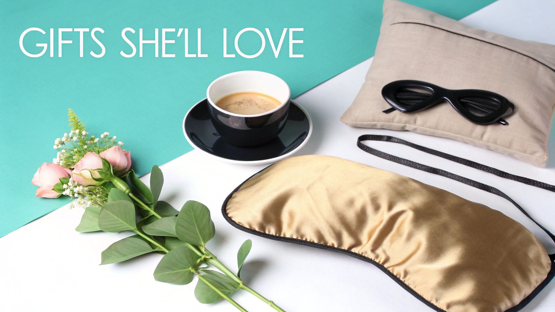 A flat lay showcasing 'Gifts She'll Love' including a coffee cup, pink roses, a silk eye mask, and a beige pillow.