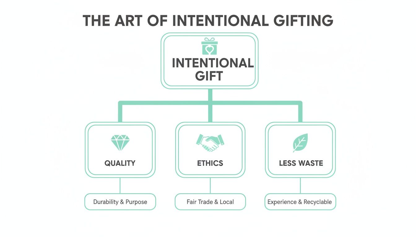 A flowchart titled 'The Art of Intentional Gifting' showing three branches: Quality, Ethics, and Less Waste.