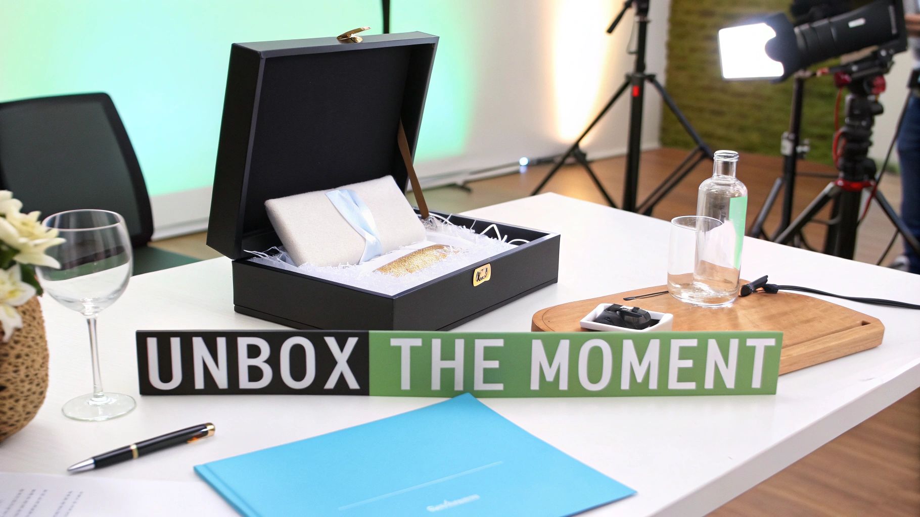 An open black gift box containing a wrapped item and a golden object, beside an 'UNBOX THE MOMENT' sign on a white table.