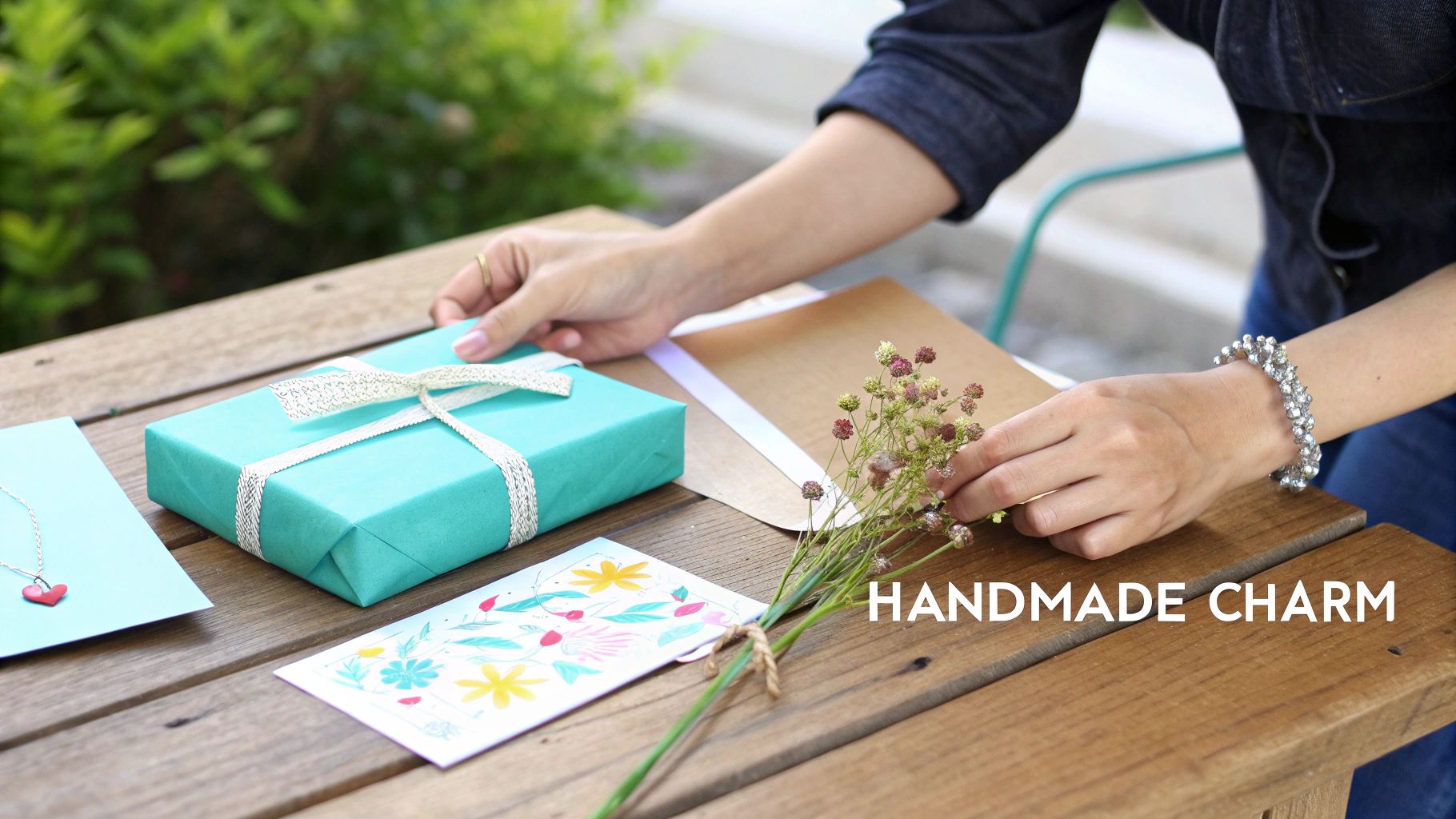 Hands arranging a turquoise gift box, floral card, and dried flowers on a wooden table.