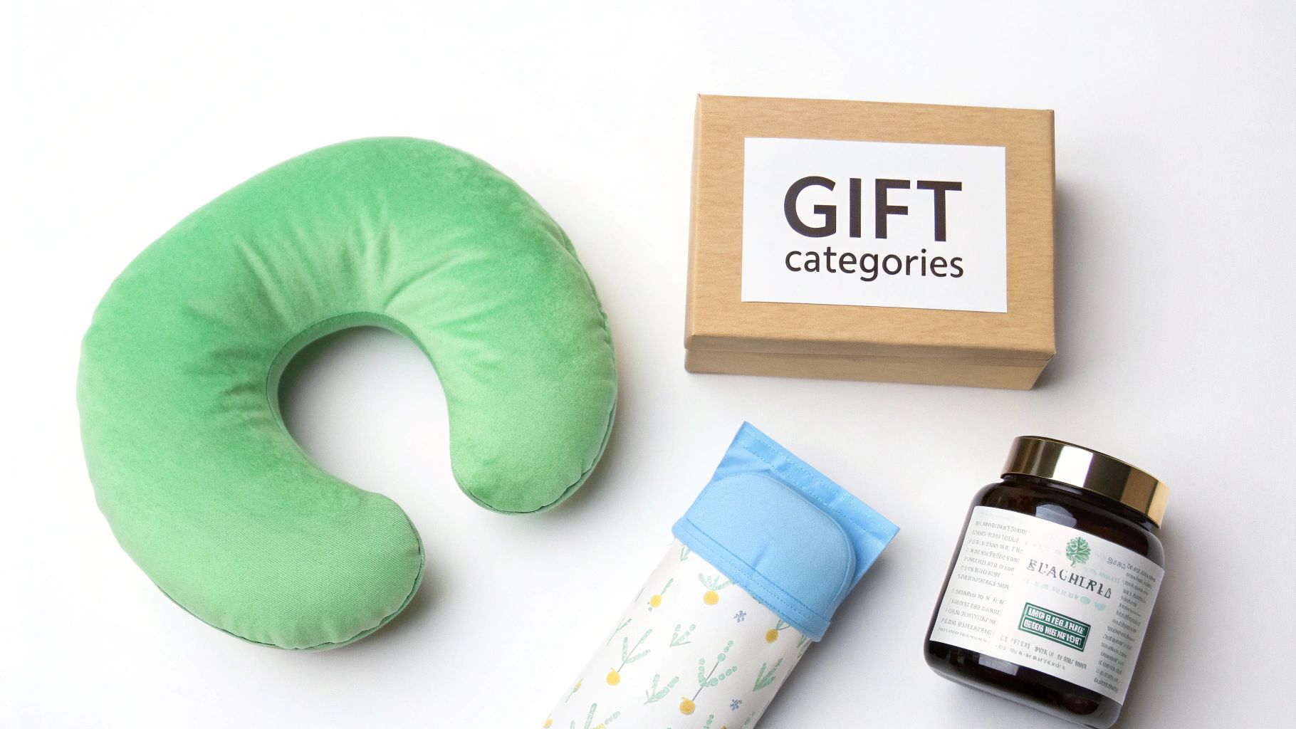 An overhead view of gift items including a green neck pillow, a 'GIFT categories' box, and a jar.