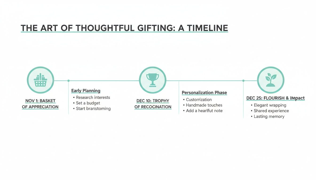 A thoughtful gifting timeline illustrating steps from early planning to personalization and final impact.