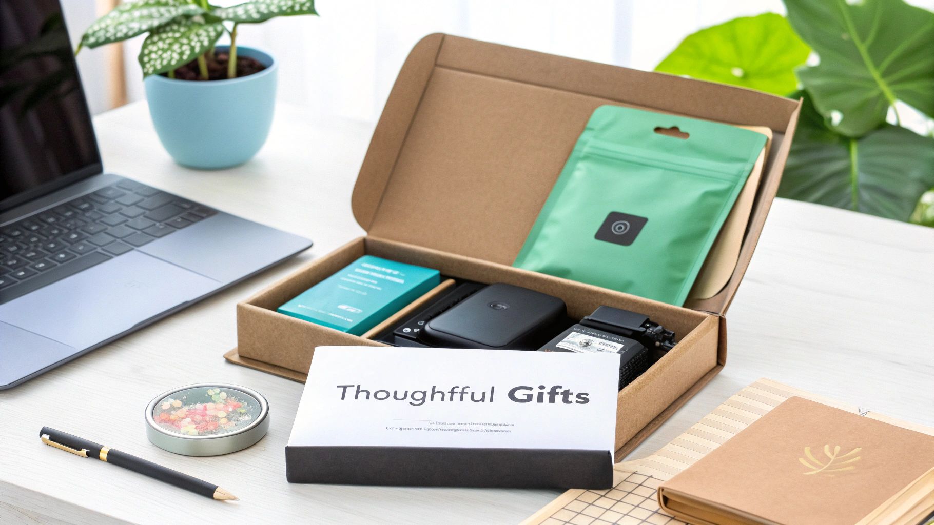An open 'Thoughtful Gifts' box filled with tech gadgets and a teal box, on a white desk with a laptop and plant.