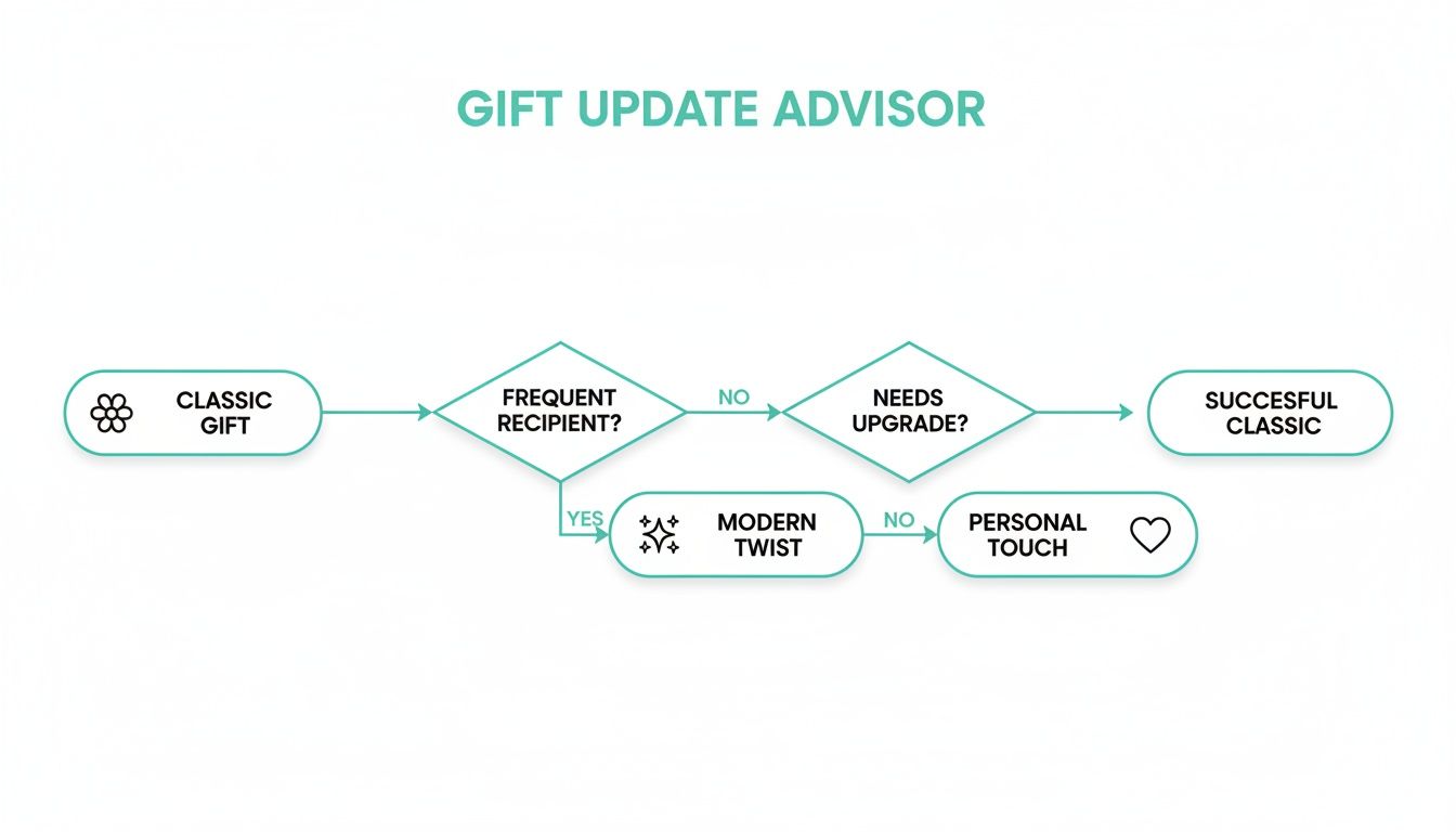 A flowchart titled 'Gift Update Advisor' showing a decision tree for classic gifts.