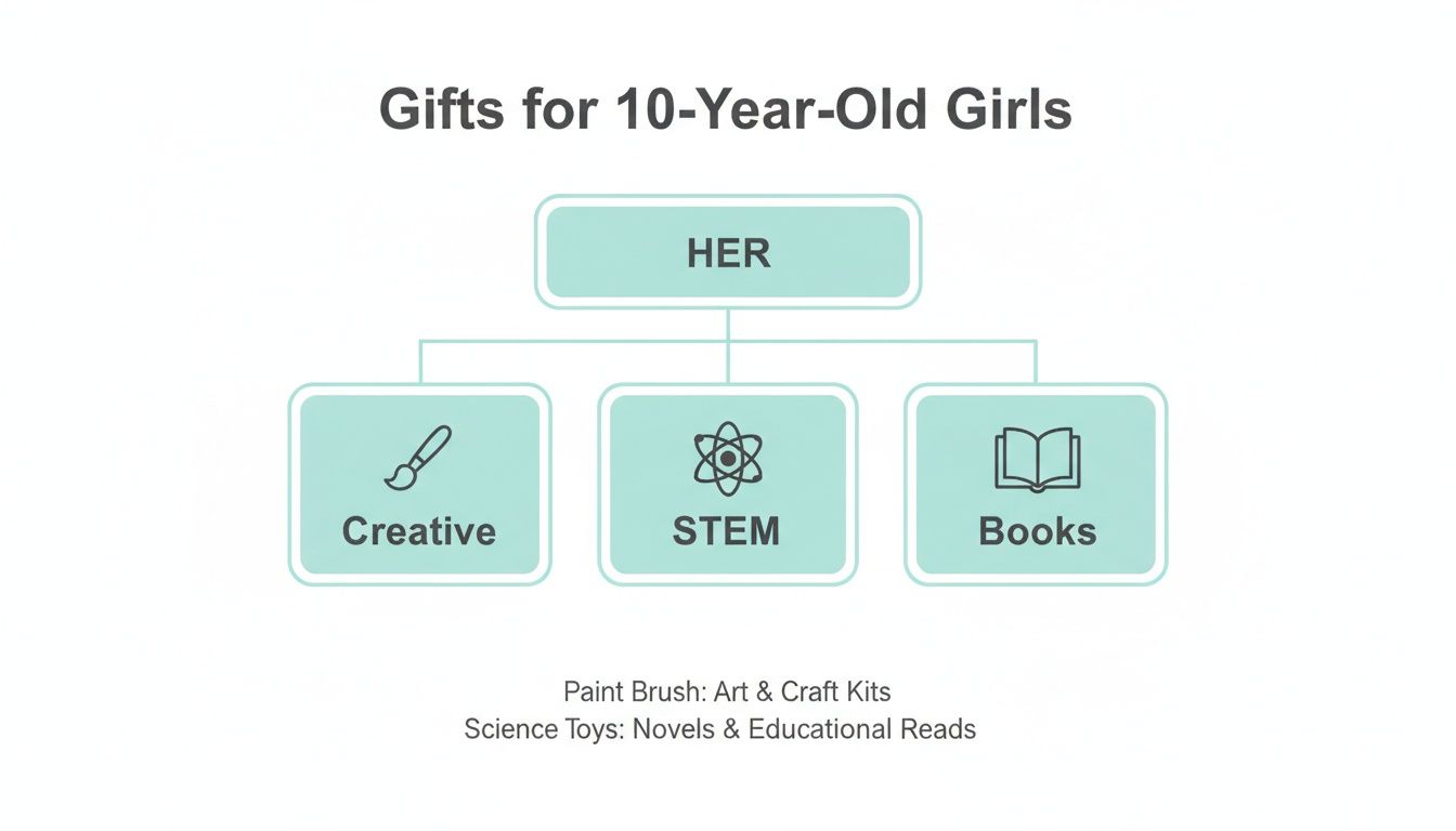 A diagram outlining gift ideas for 10-year-old girls, categorized into creative, STEM, and books.