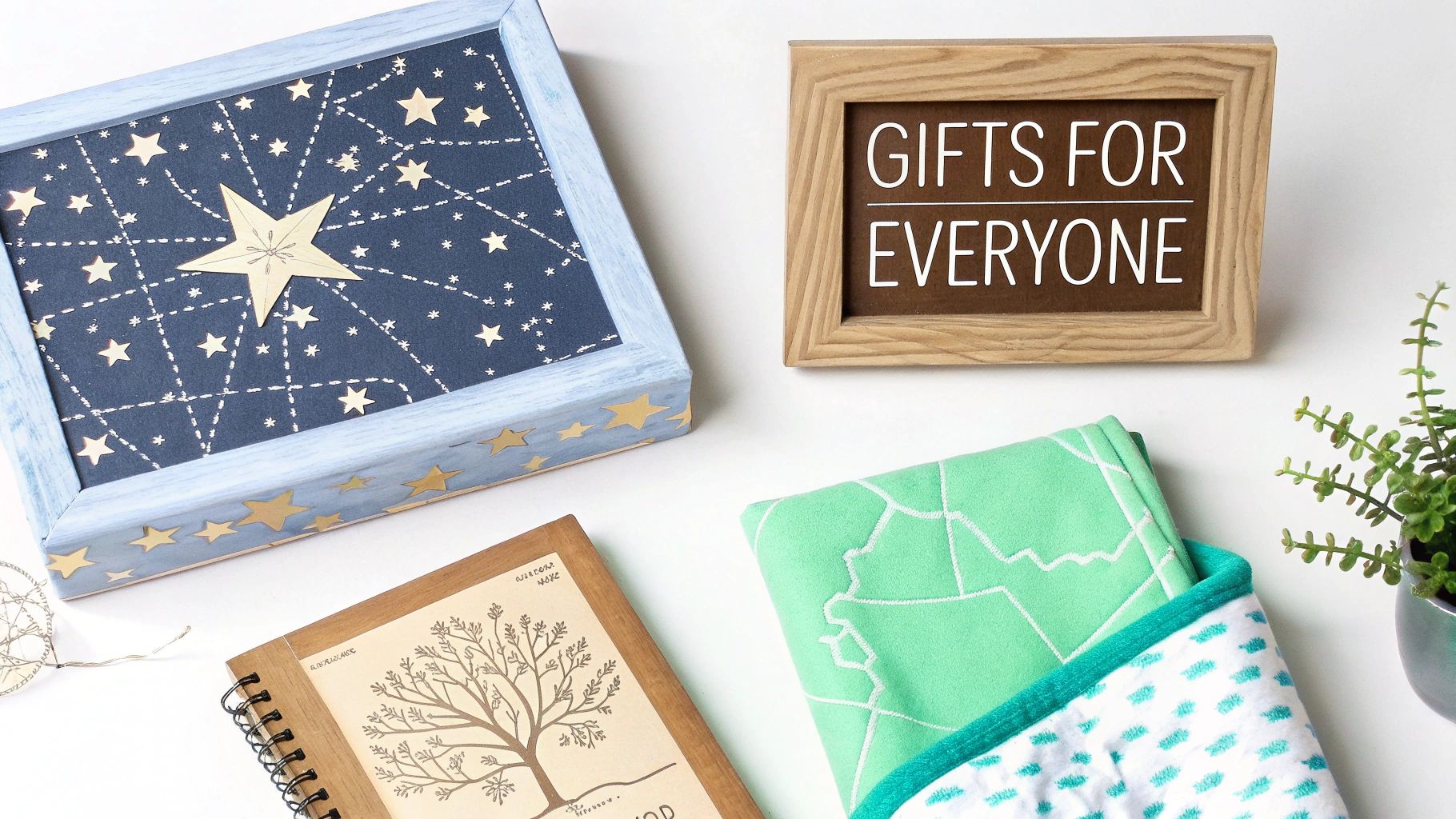 Assortment of personalized gifts including a celestial frame, a tree notebook, and a 'Gifts for Everyone' sign.