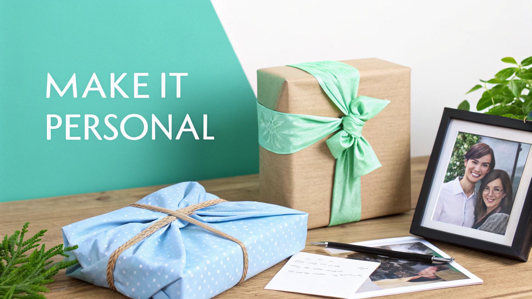 Two beautifully wrapped gifts, a framed photo of two women, and a handwritten card on a wooden table, with the text 'MAKE IT PERSONAL'.