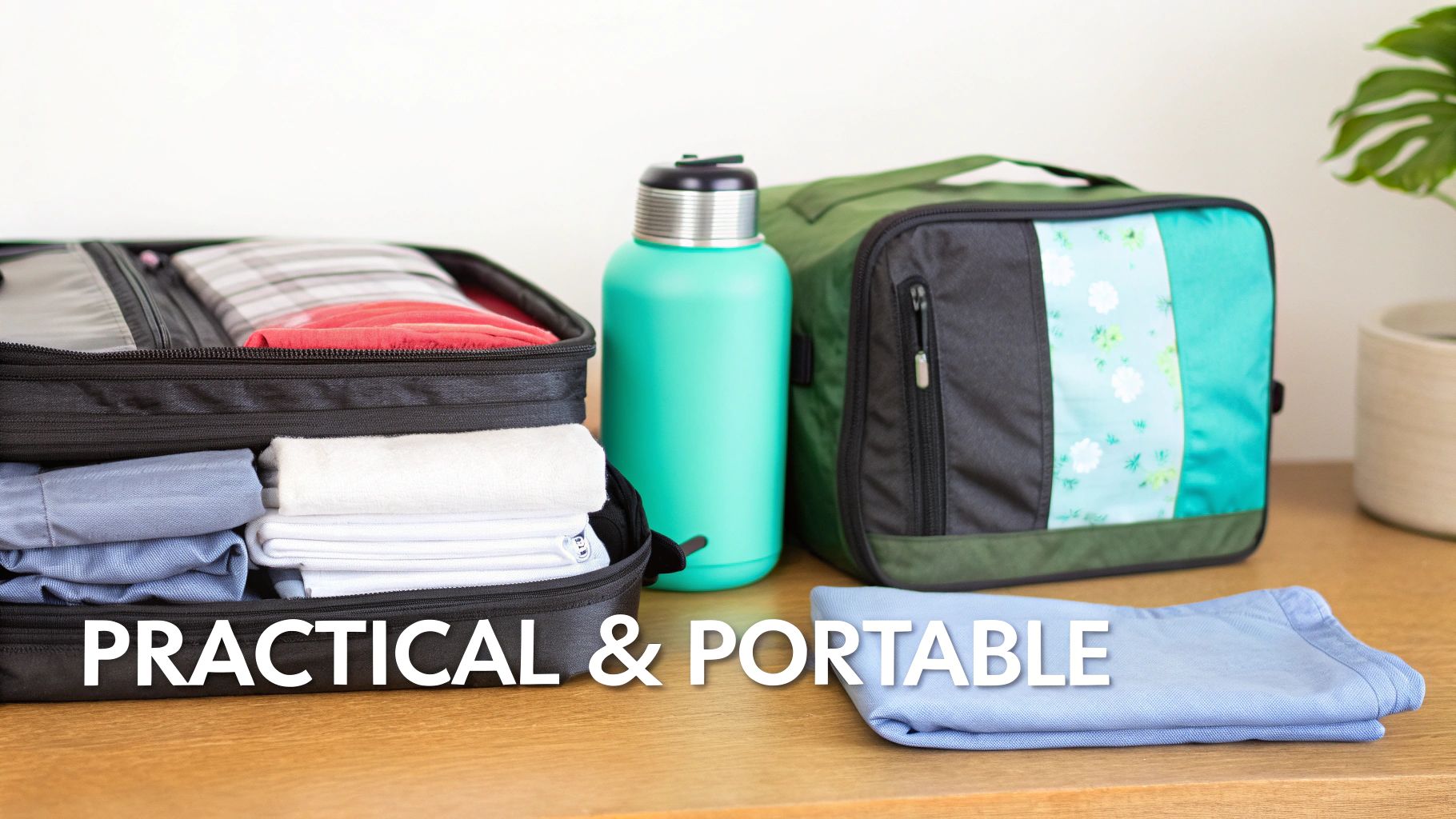 Open packing cube with neatly folded clothes, a water bottle, and another packing cube on a wooden table, emphasizing practicality.