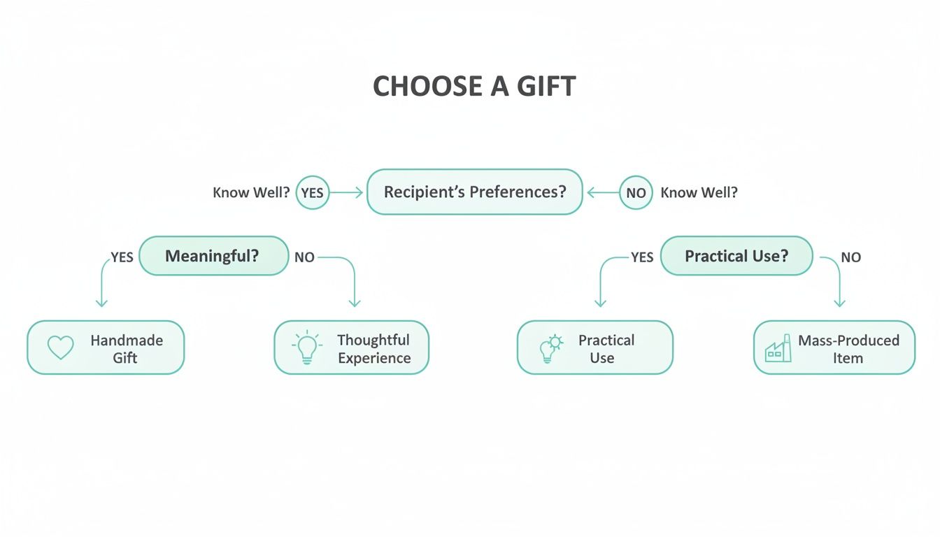 A decision tree flowchart titled 'Choose a Gift' guides gift selection based on knowing the recipient.
