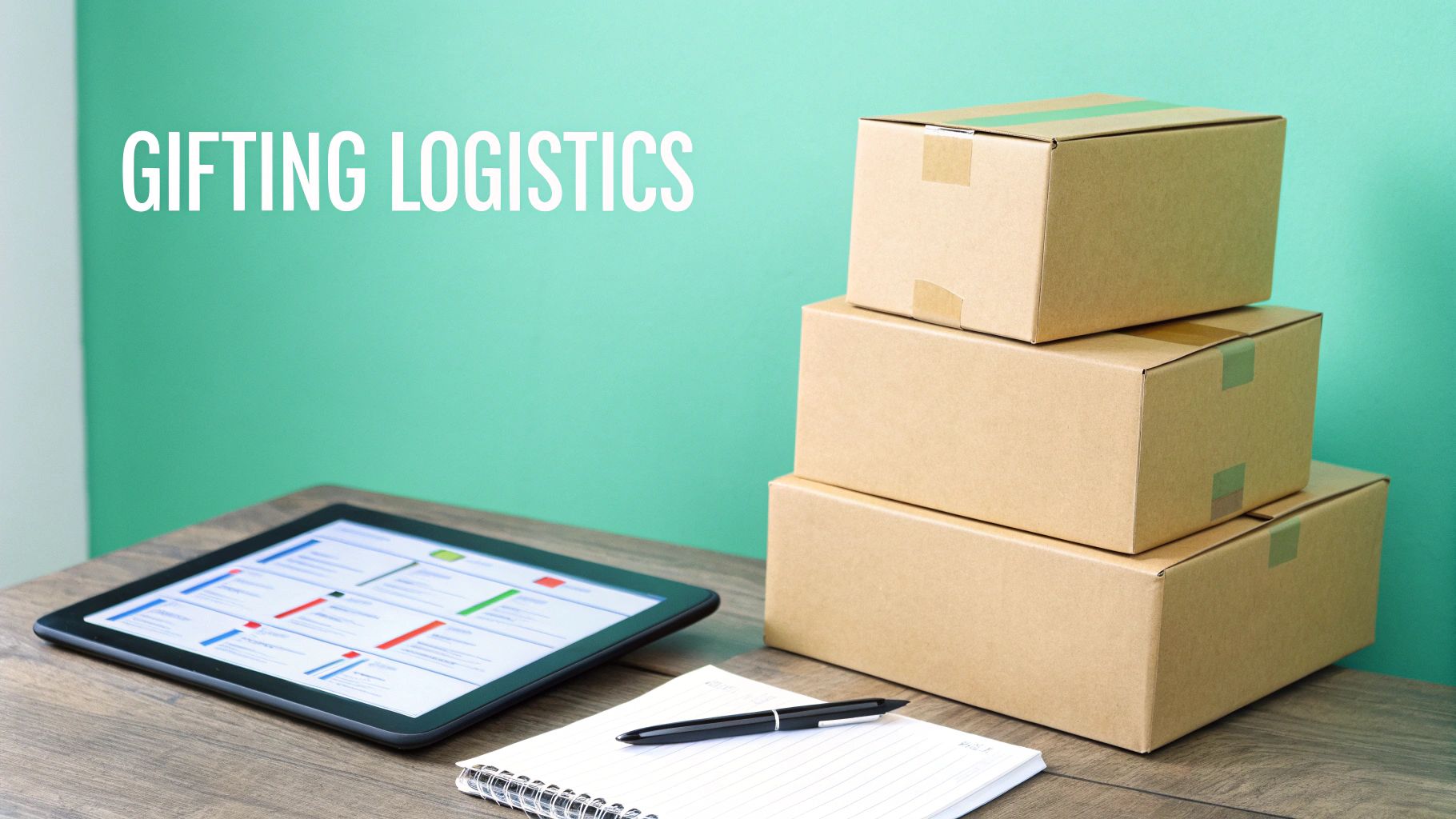 GIFTING LOGISTICS text with stacked shipping boxes, a tablet, and notebook on a wooden desk.