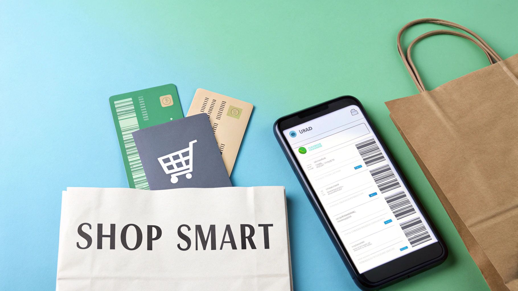 Overhead shot of shopping items: a 'SHOP SMART' bag, various cards, a smartphone with barcodes, and a brown paper bag.