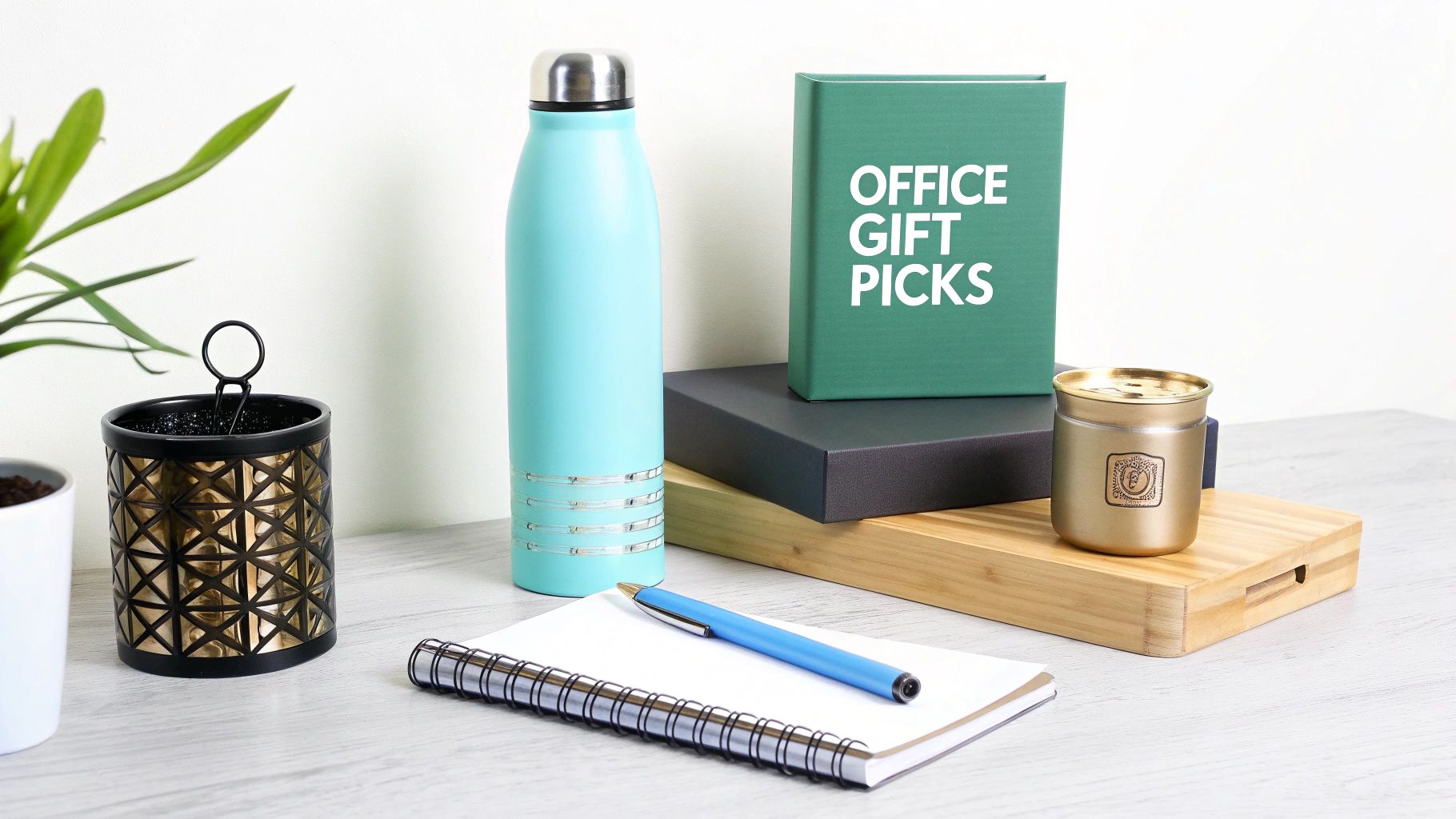 A curated selection of office gift ideas, including a water bottle, book, candle, and desk organizer.