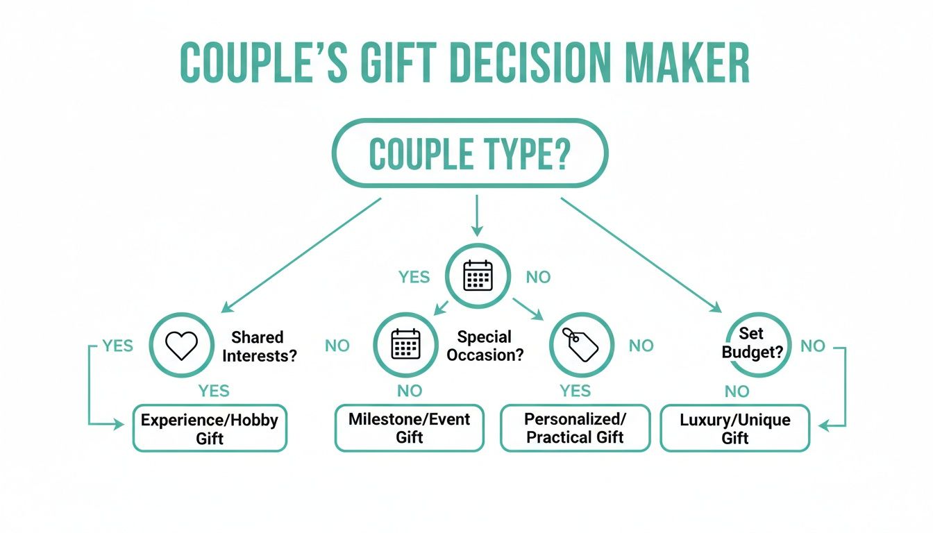 A flowchart titled 'Couple's Gift Decision Maker' guiding choices based on interests, occasions, and budget.