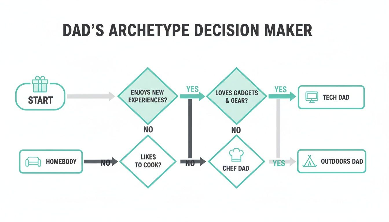 A flowchart guides users to discover dad's archetype: Tech, Chef, Outdoors, or Homebody Dad.