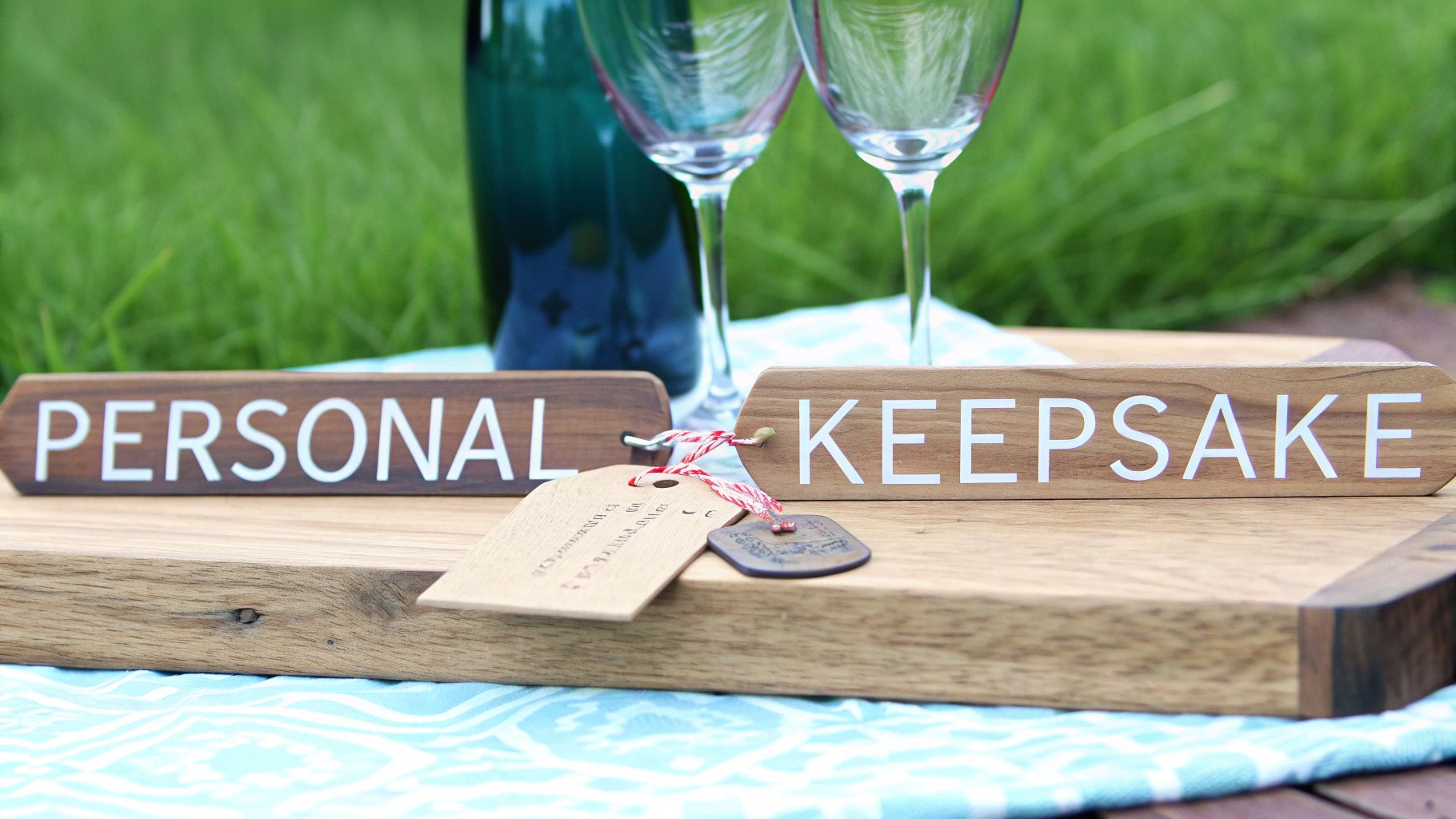Two wooden signs reading 'PERSONAL KEEPSAKE' with wine glasses and bottle on a wooden tray outdoors.
