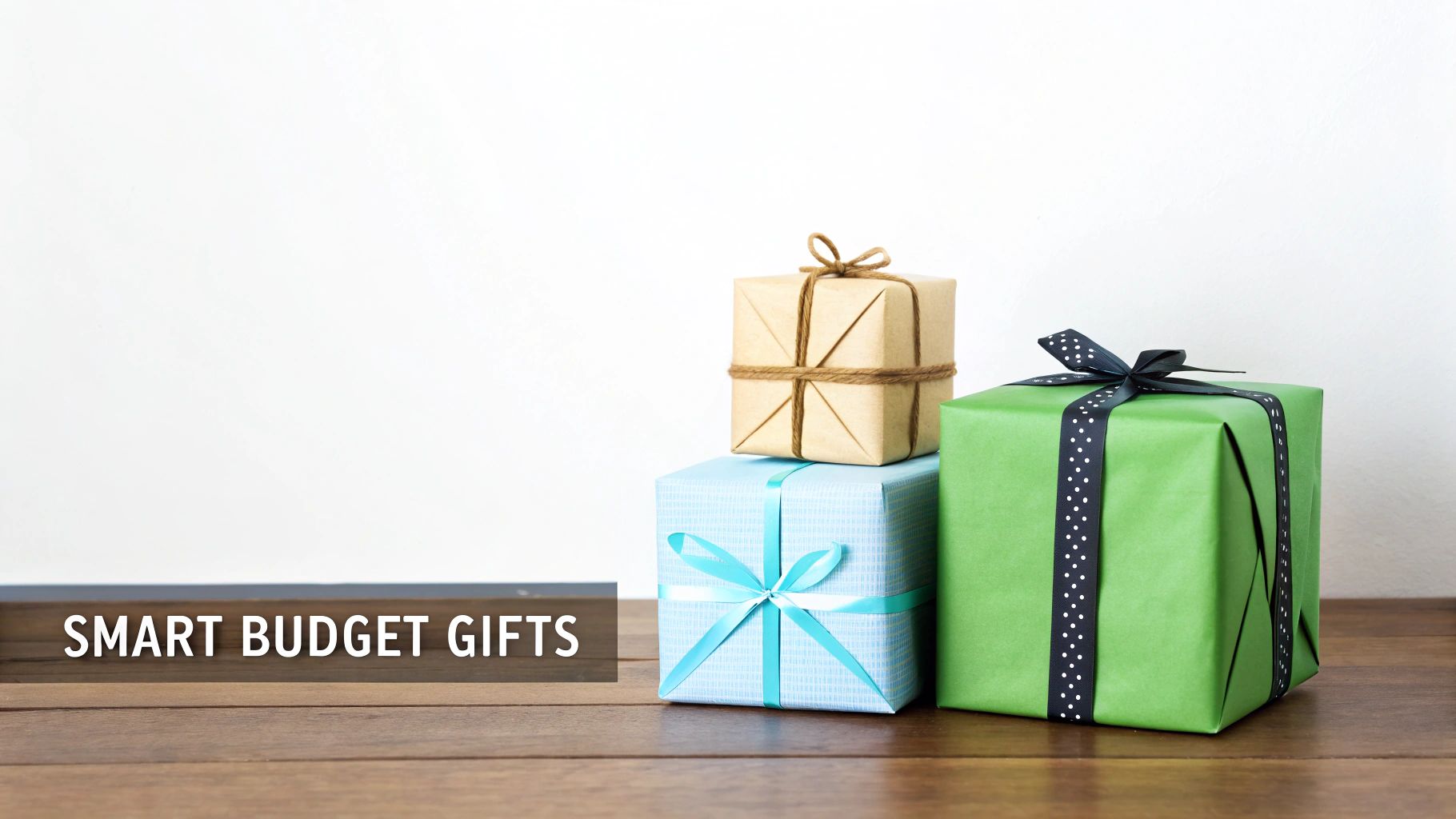 Three wrapped gift boxes in kraft paper, blue, and green, stacked on a wooden surface.