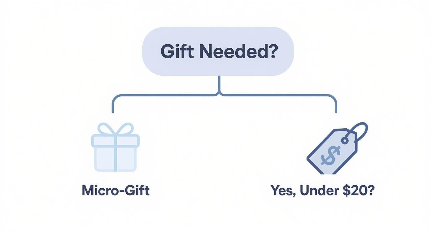 Flowchart asking 'Gift Needed?', branching to 'Micro-Gift' or 'Yes, Under $20?'.