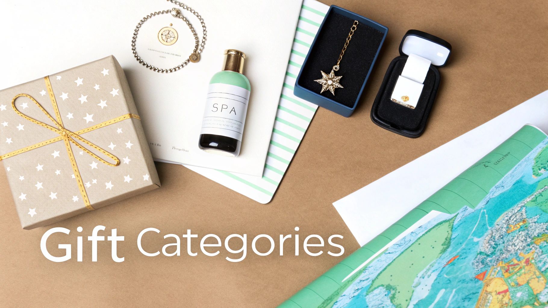 A flat lay of various gift items, including a star-patterned gift box, spa product, necklace, cufflinks, and a rolled map.