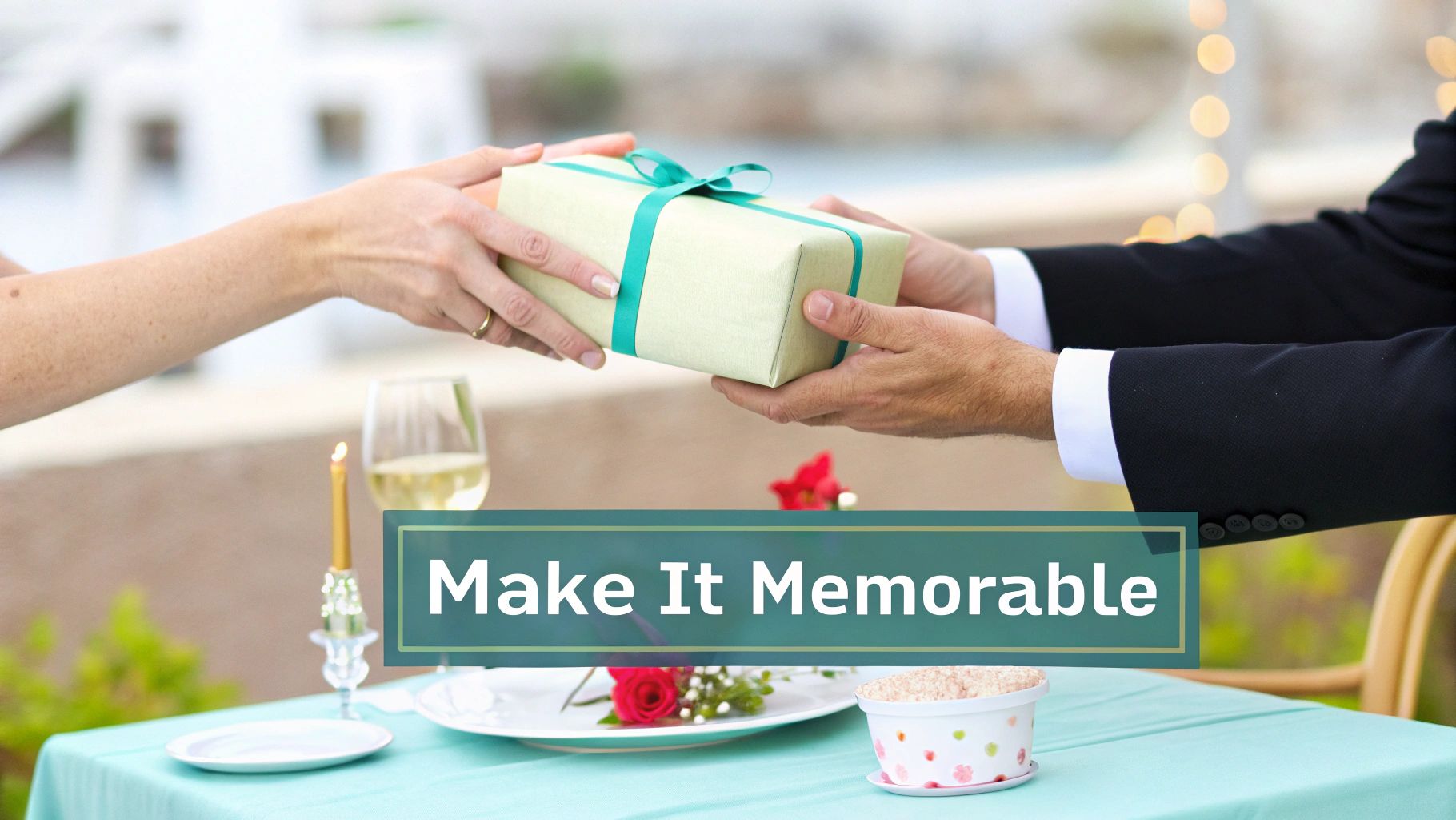 A beautifully wrapped gift with a handwritten card next to it