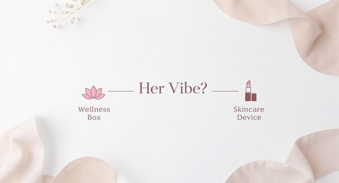 Elegant gift selection quiz featuring wellness box and skincare device options with soft neutral tones