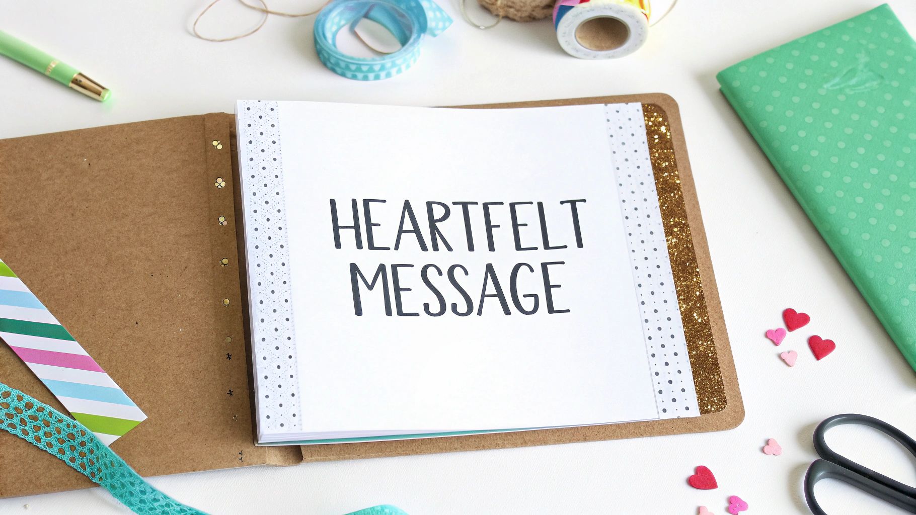 A "HEARTFELT MESSAGE" paper in a craft folder, surrounded by various DIY and card-making supplies.