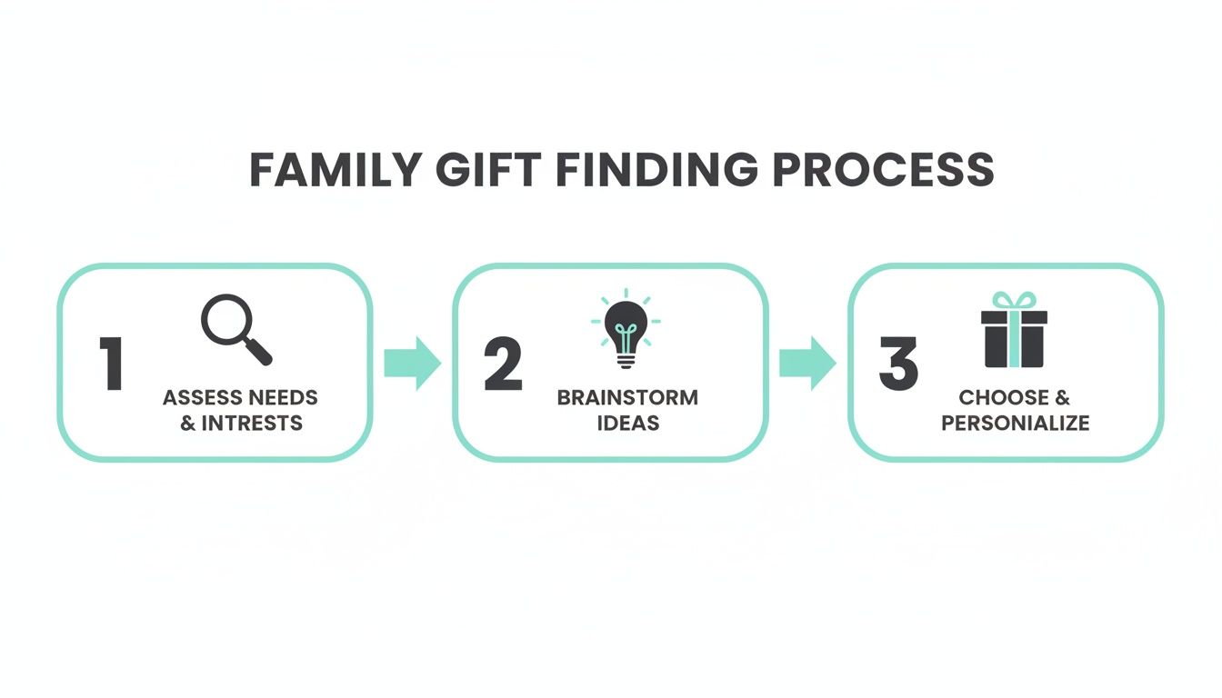 A three-step family gift finding process with icons: assess needs, brainstorm ideas, and choose & personalize.