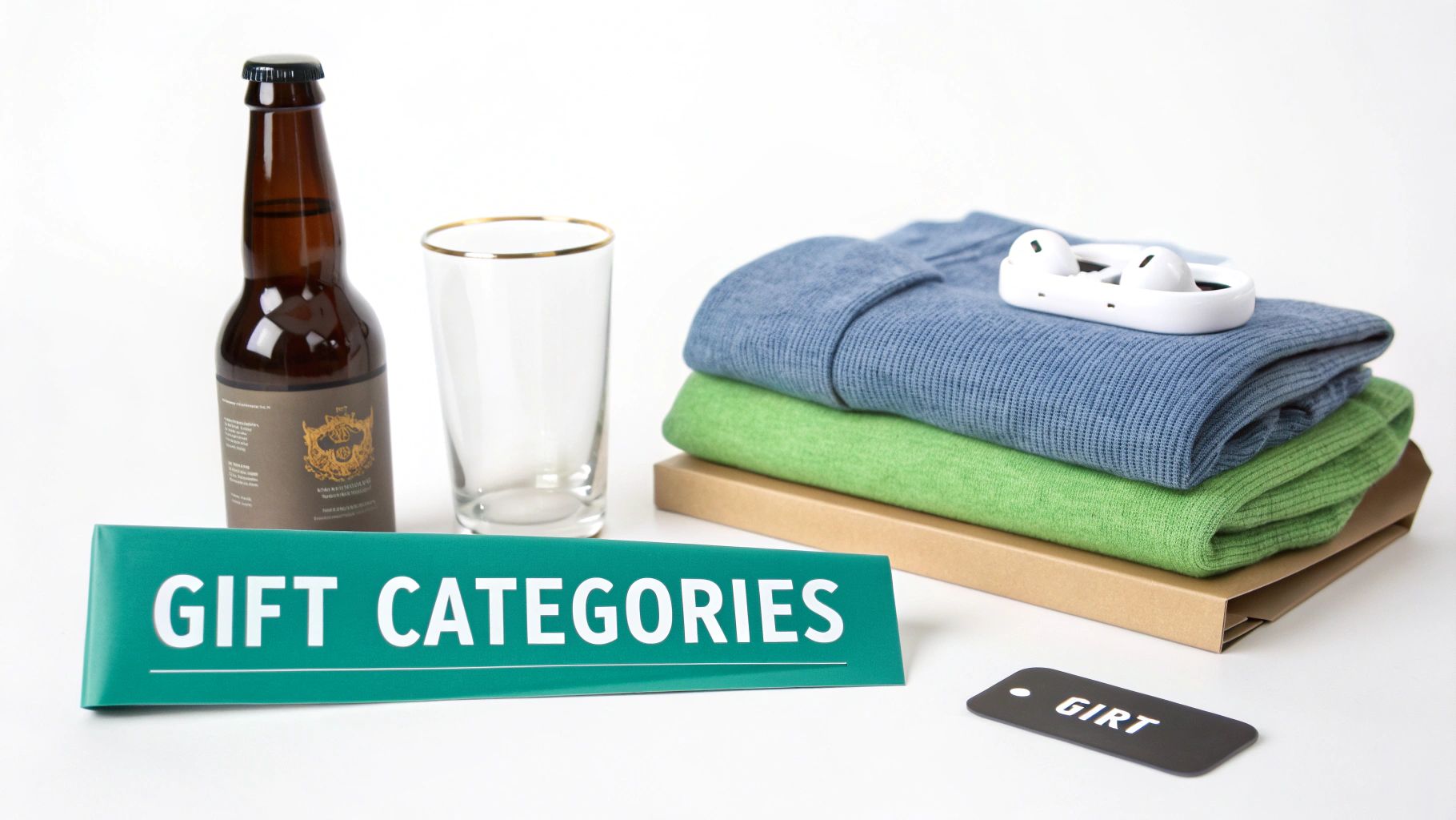 A collection of gift items including a beer bottle, glass, folded sweaters, and wireless earbuds, next to a 'GIFT CATEGORIES' sign.
