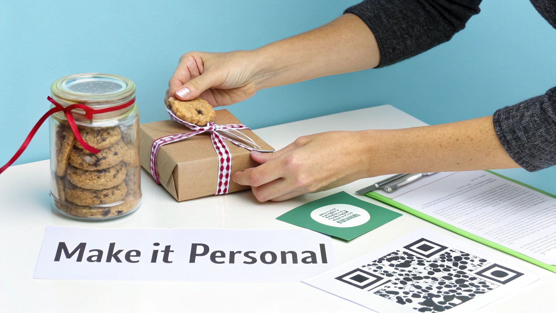 Hands decorate a brown gift box with a cookie, next to a jar of cookies and 'Make it Personal' text.