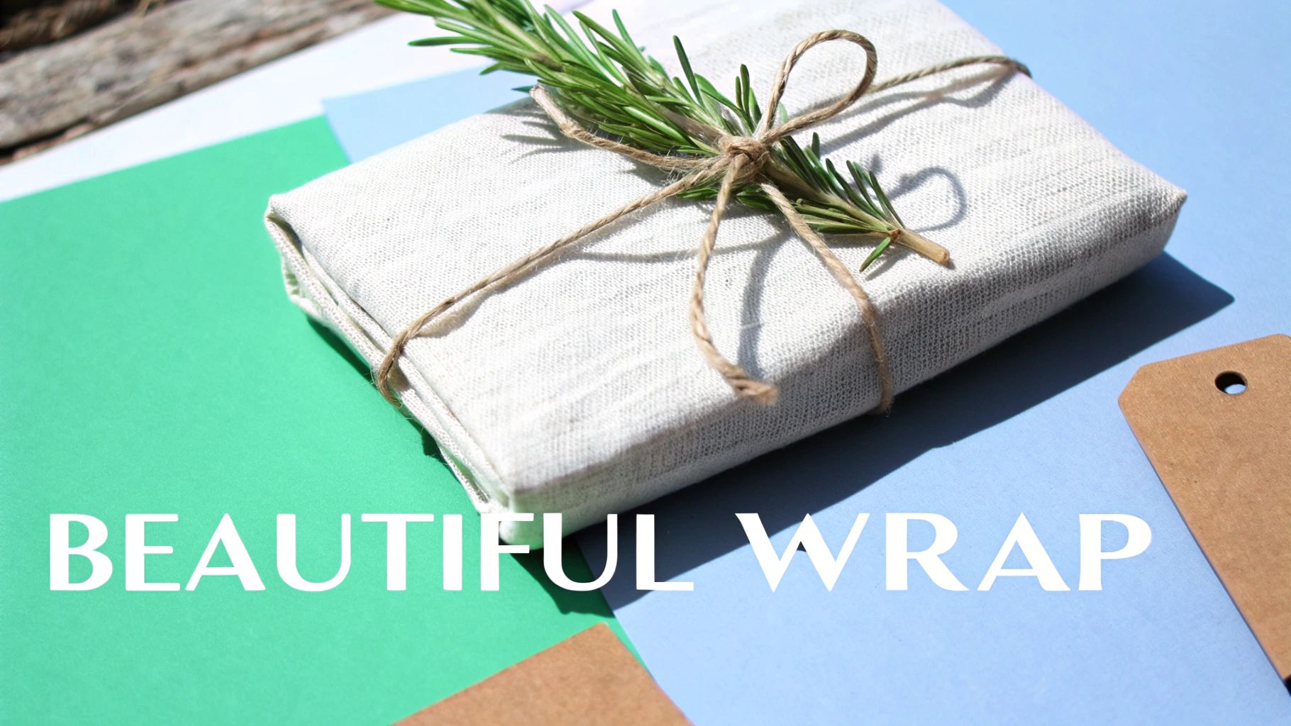 A simple gift wrapped in white fabric, tied with natural twine and fresh rosemary.