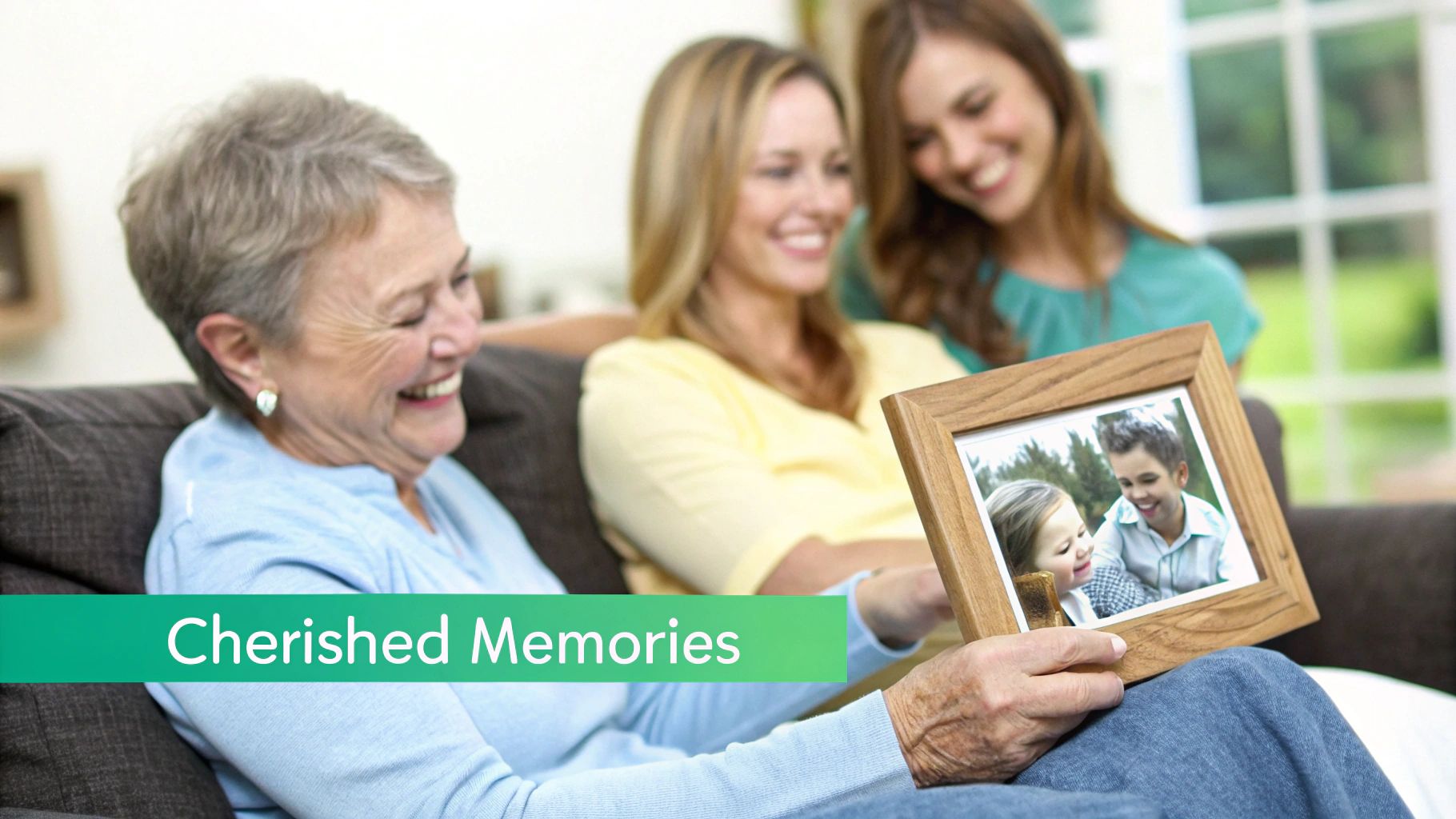 Generations of women smile while looking at a framed picture of happy children, symbolizing cherished memories.