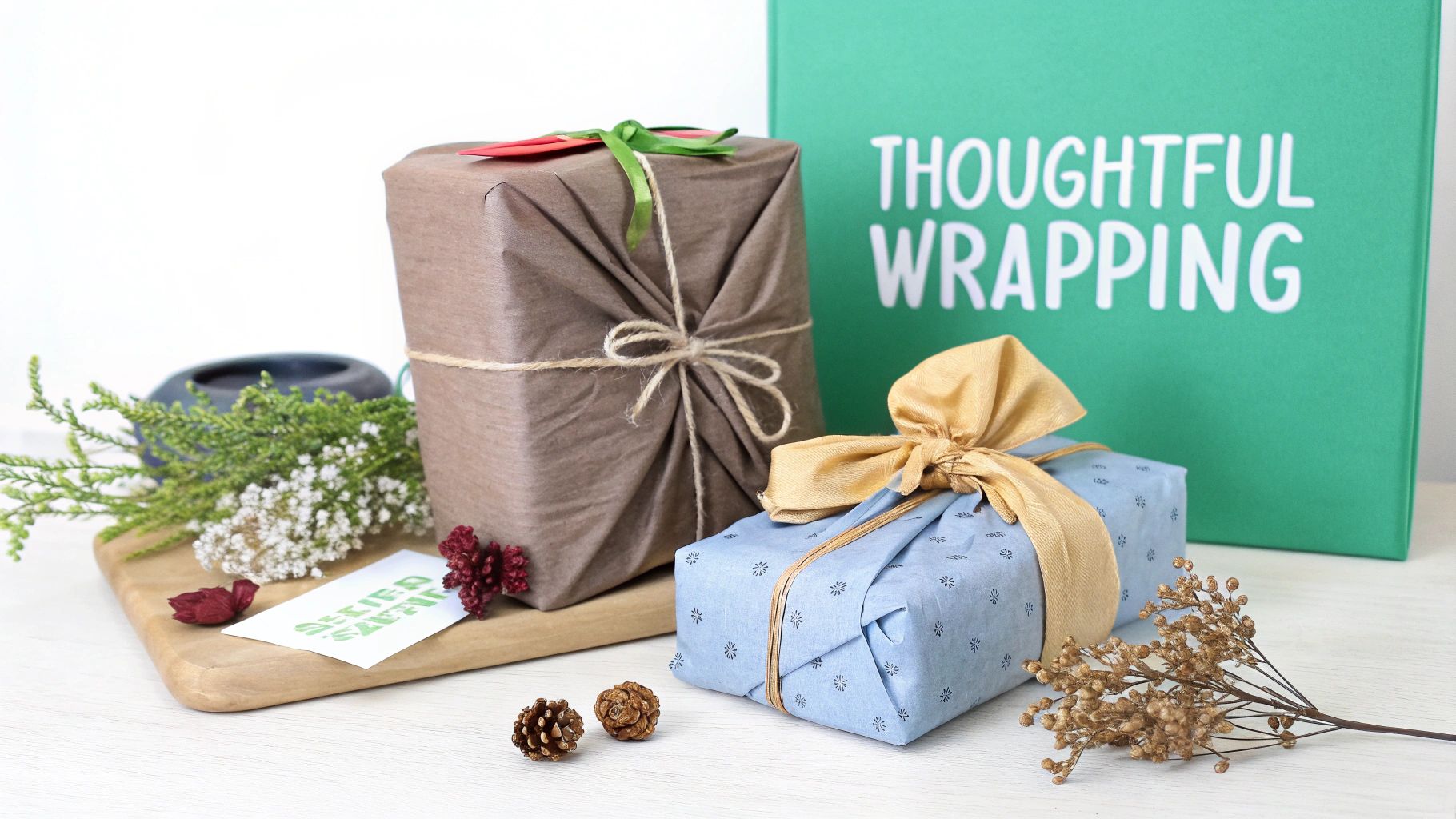 Two eco-friendly wrapped gifts, one brown and one blue, with twine, ribbons, and natural decorations, alongside a 'Thoughtful Wrapping' book.
