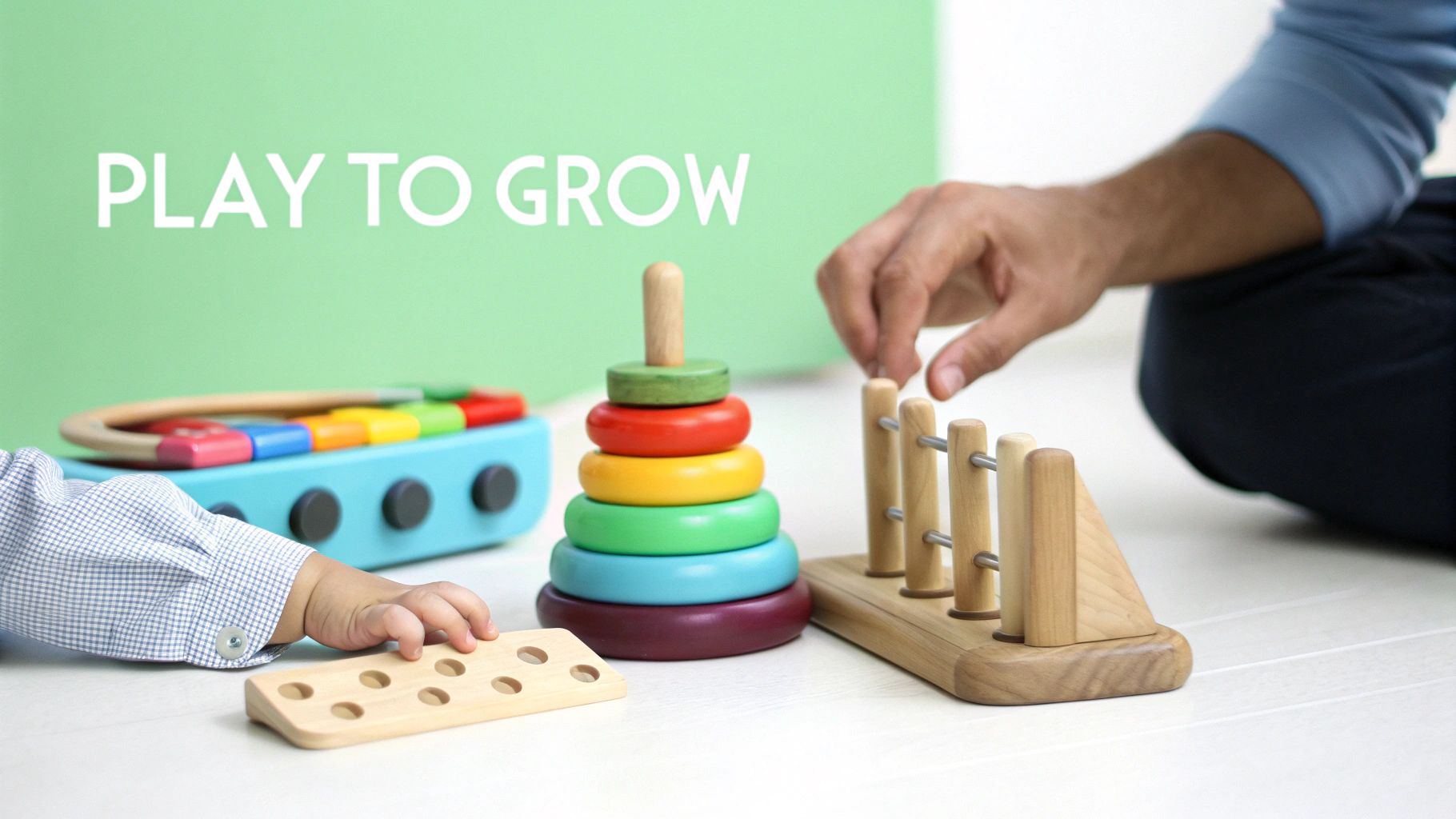 Baby and adult hands playing with colorful wooden educational toys like a stacking ring and xylophone.