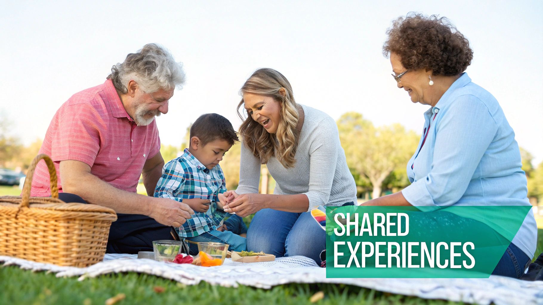 A multi-generational family enjoys a picnic in a park, sharing food and laughter.