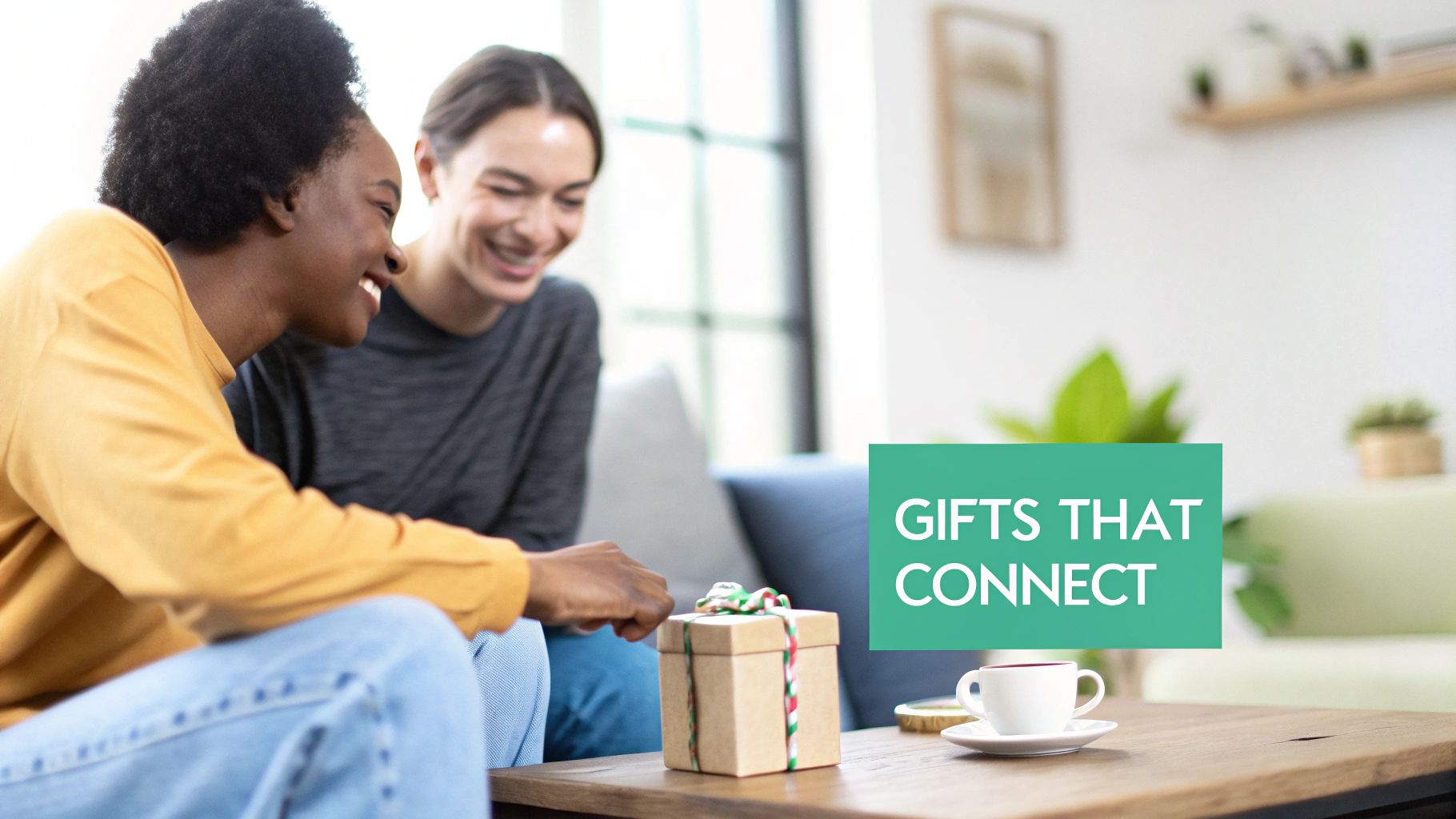 Two smiling friends looking at a wrapped gift box on a wooden coffee table in a bright living room.