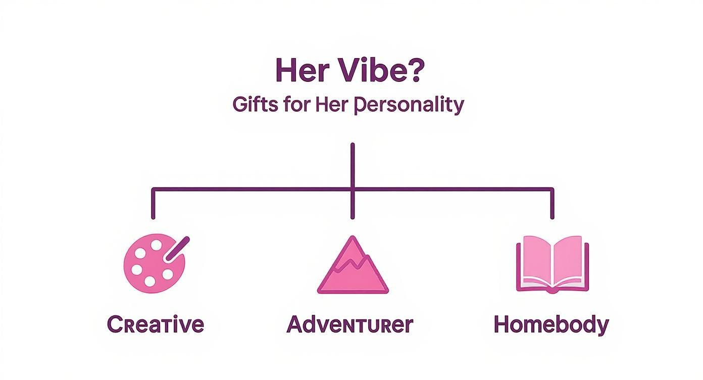 A diagram titled 'Her Vibe? Gifts for Her Personality' categorizing gift ideas into Creative, Adventurer, and Homebody.