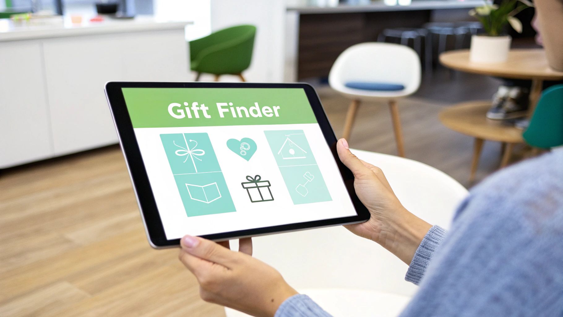 A person holds a tablet displaying a 'Gift Finder' app with various gift icons.