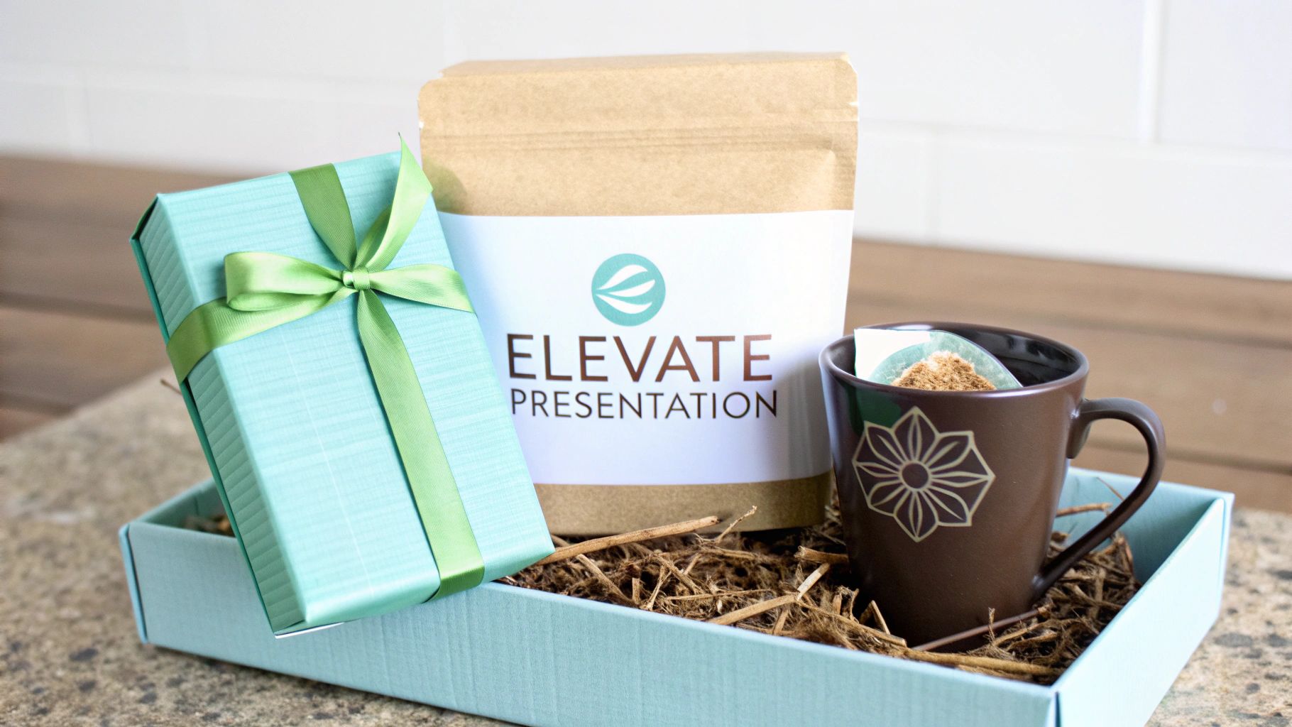 A light blue gift box holds a wrapped present, Elevate Presentation product, and a floral brown mug.