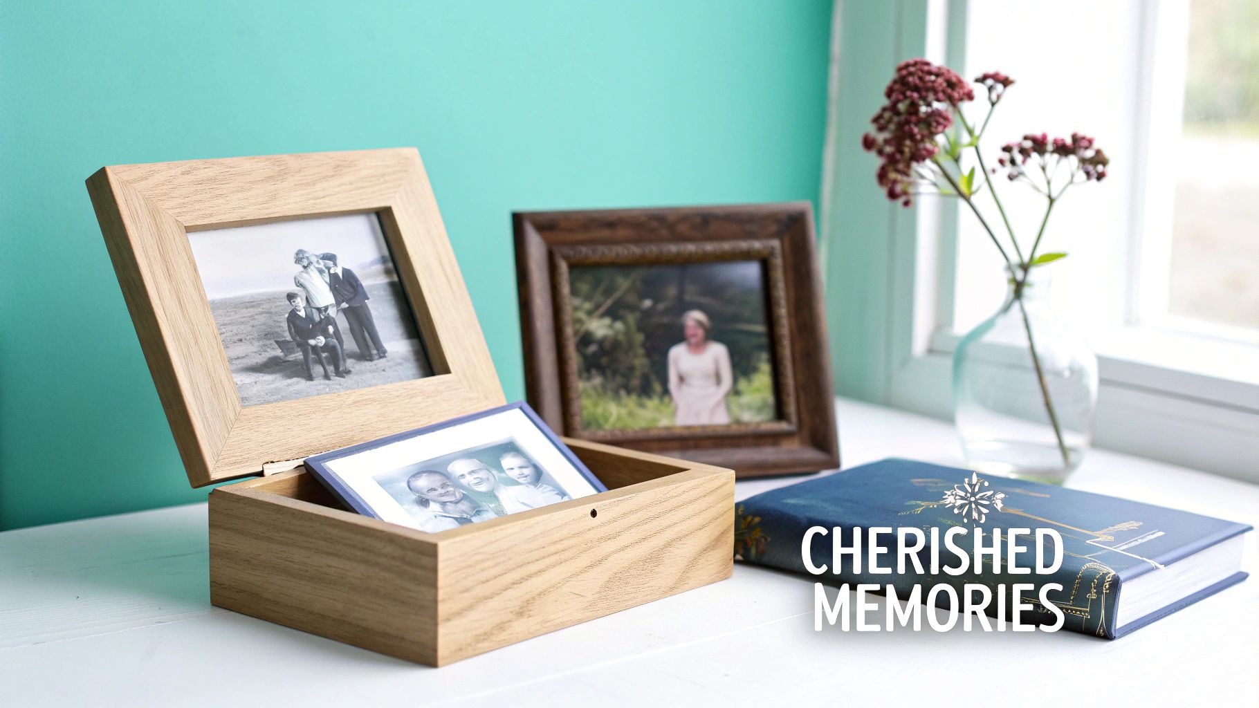 A wooden memory box with family photos, a framed picture, and a 'Cherished Memories' book on a table.