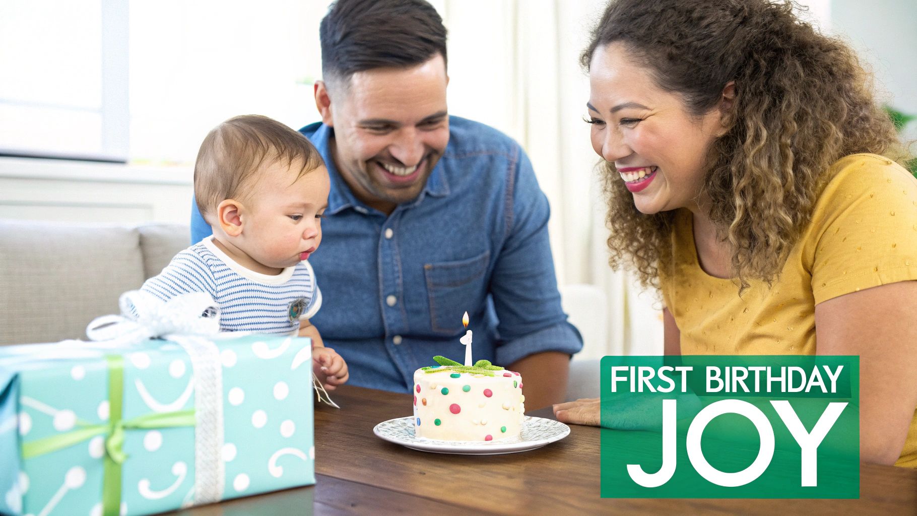 Joyful parents watch their baby look at a cake with a '1' candle for their first birthday.