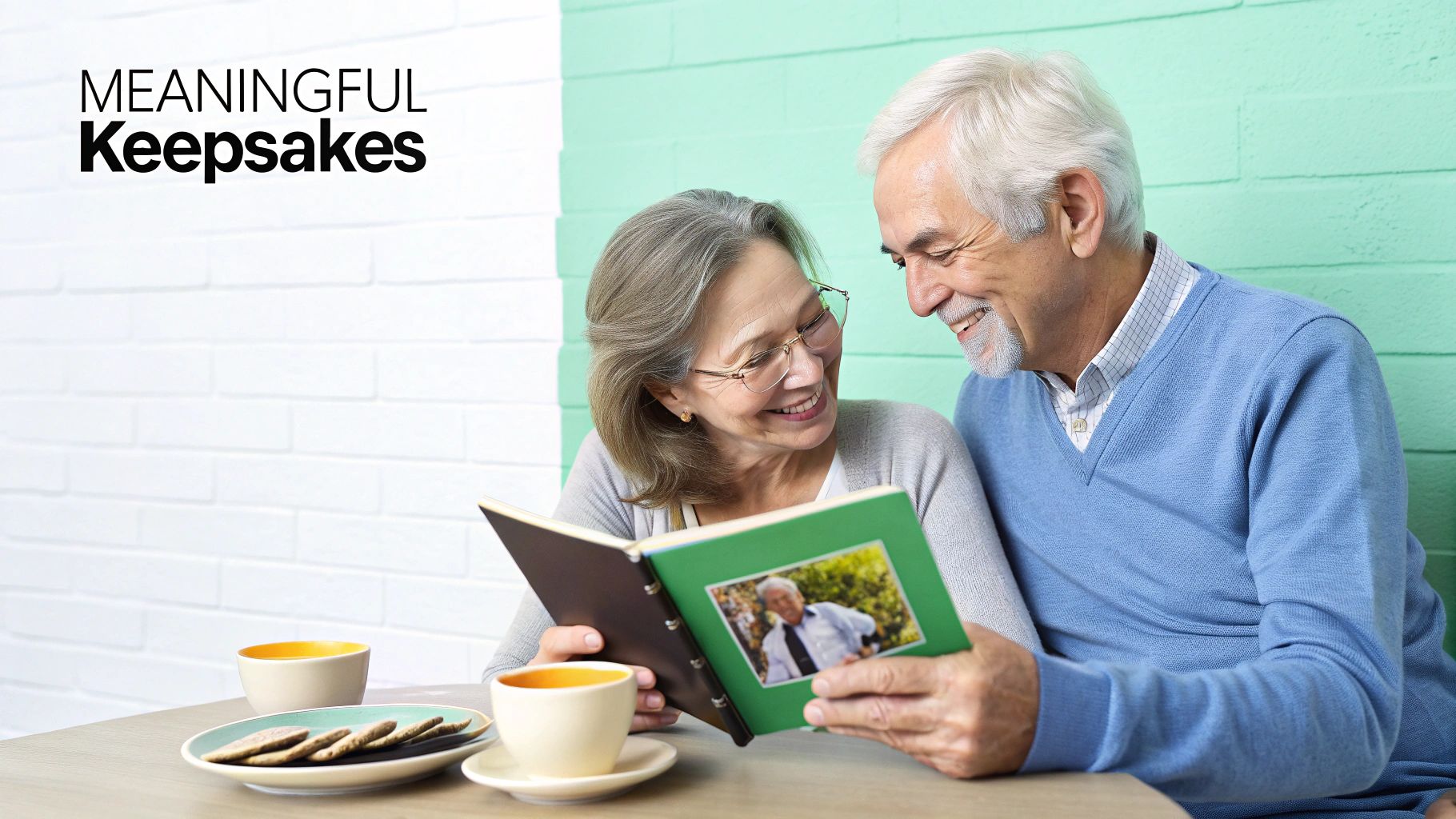 An elderly couple smiles, looking at a photo album filled with meaningful memories.