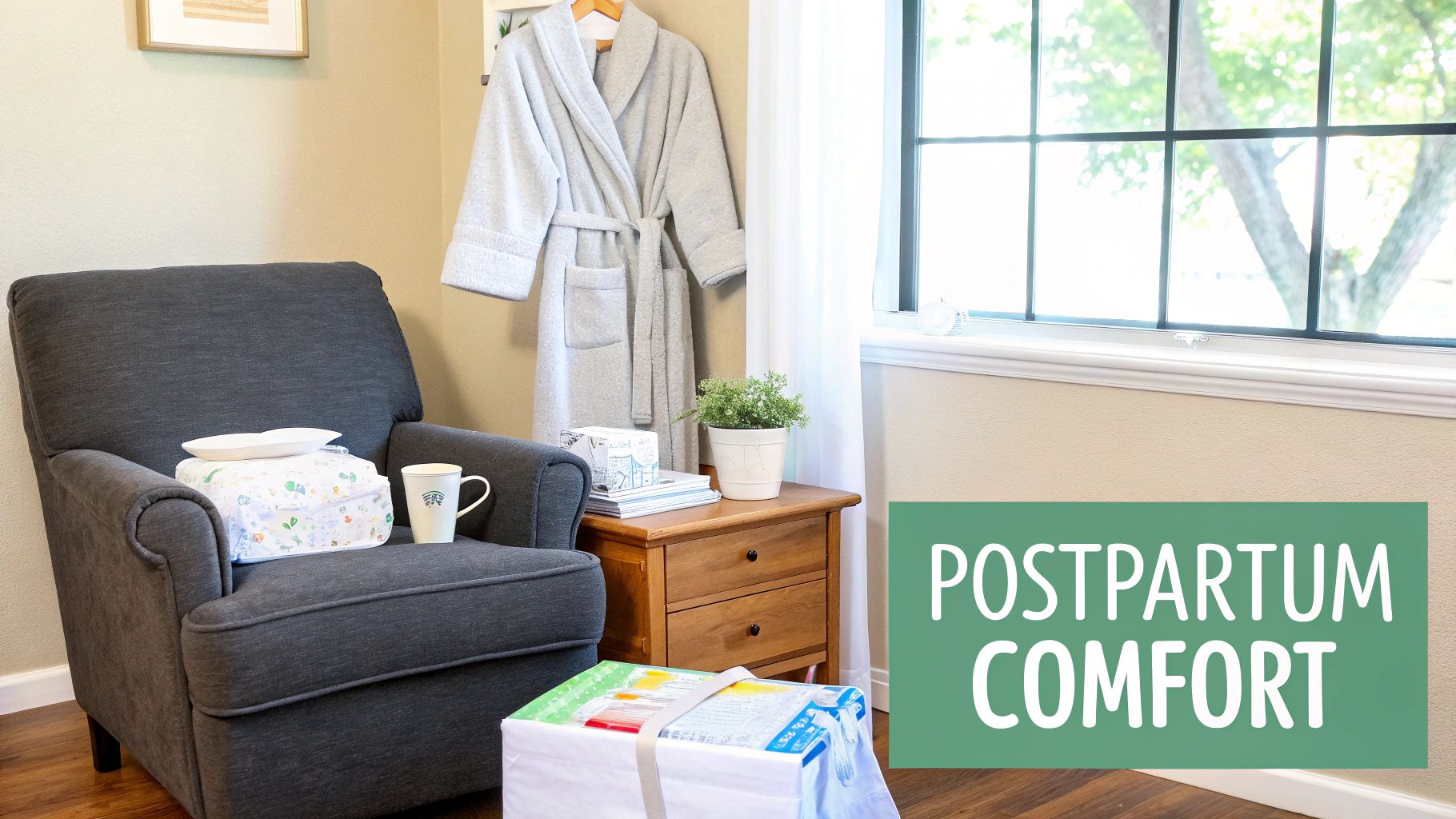 A comfortable gray armchair in a cozy room, set up for postpartum comfort with a robe and essentials.